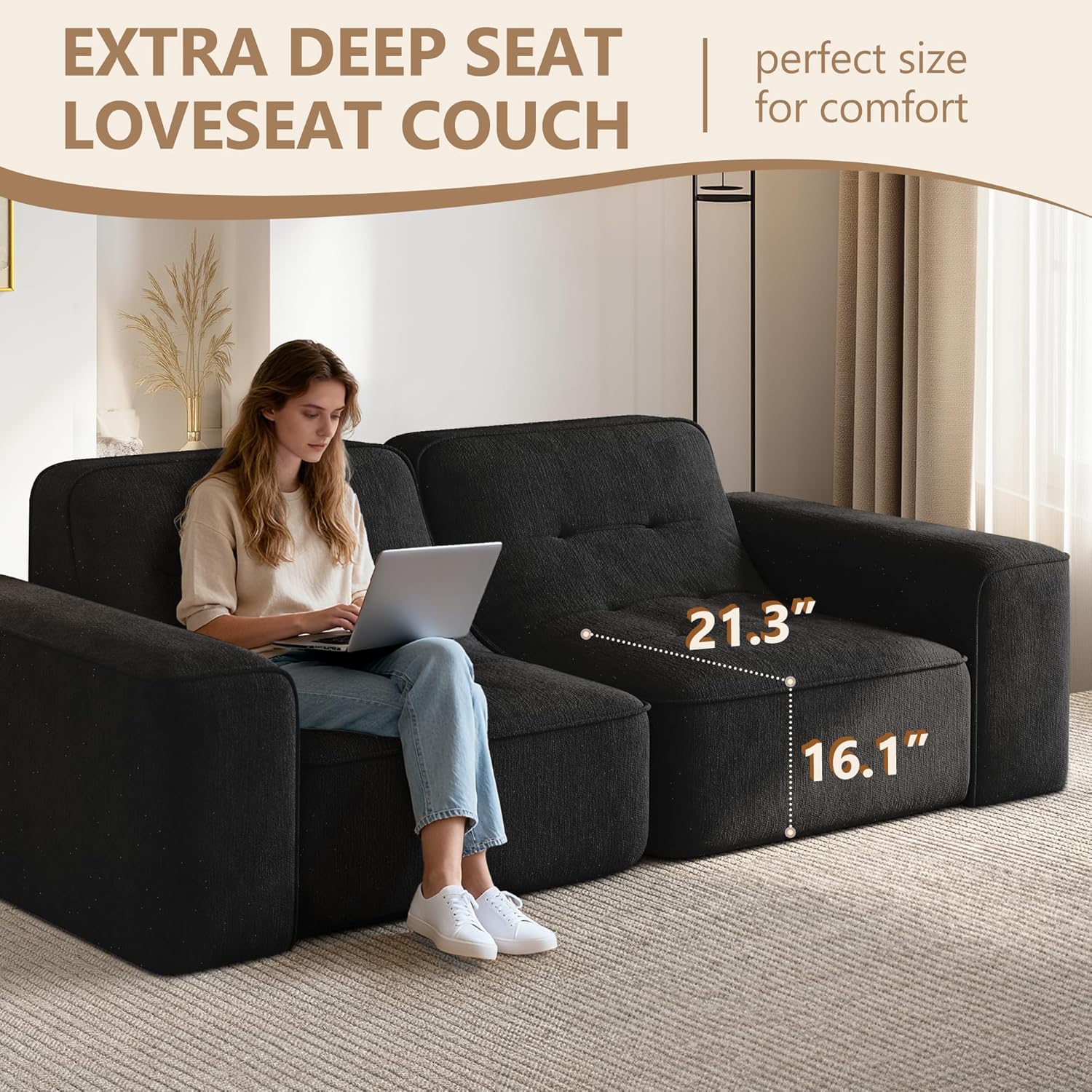 83.6" Cloud Couch, Modular Sectional Sofa, 3 Seater Curved Couch Loveseat Floor Sofa, Sparkling Chenille Boneless Couches for Living Room, Memory Foam, No Assembly Required (Black, Loveseat)