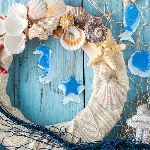 Miniatura 7 de Bucherry 4 piezas de decoración de árbol costero de Navidad de 4 pulgadas, adornos colgantes de vidrio de mar, adornos de peces tropicales, arte