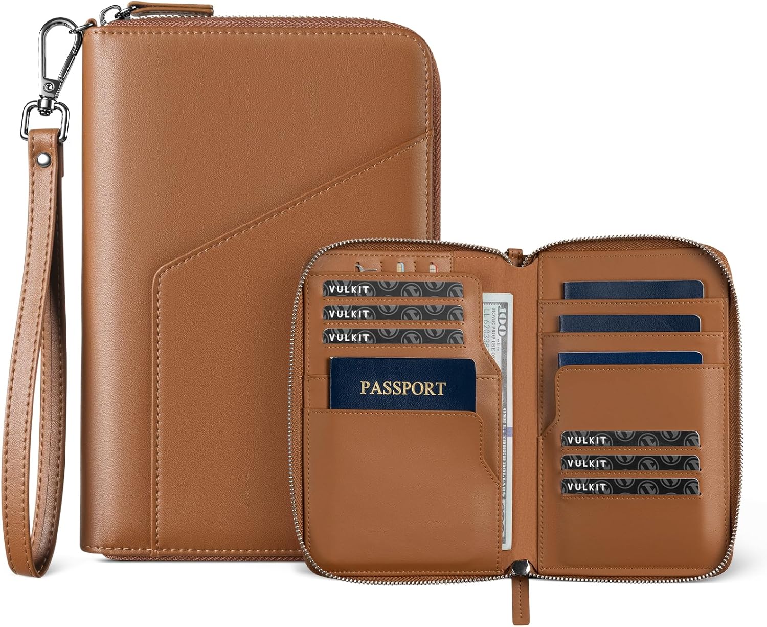 VULKIT Leather Passport Holder Family Travel Document Organizer with RFID Blocking Travel Wallet Slim Dual Slots SIM Card and Multiple Card Holders for Men and Women (Light Blue)