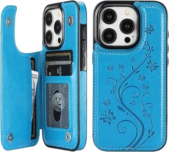 Vaburs Compatible with iPhone 15 Pro Case Wallet with Card Holder,Embossed Butterfly Pattern PU Leather Double Buttons Flip Protective Shockproof Cover for Magnetic Car Mount 6.1 Inch Blue