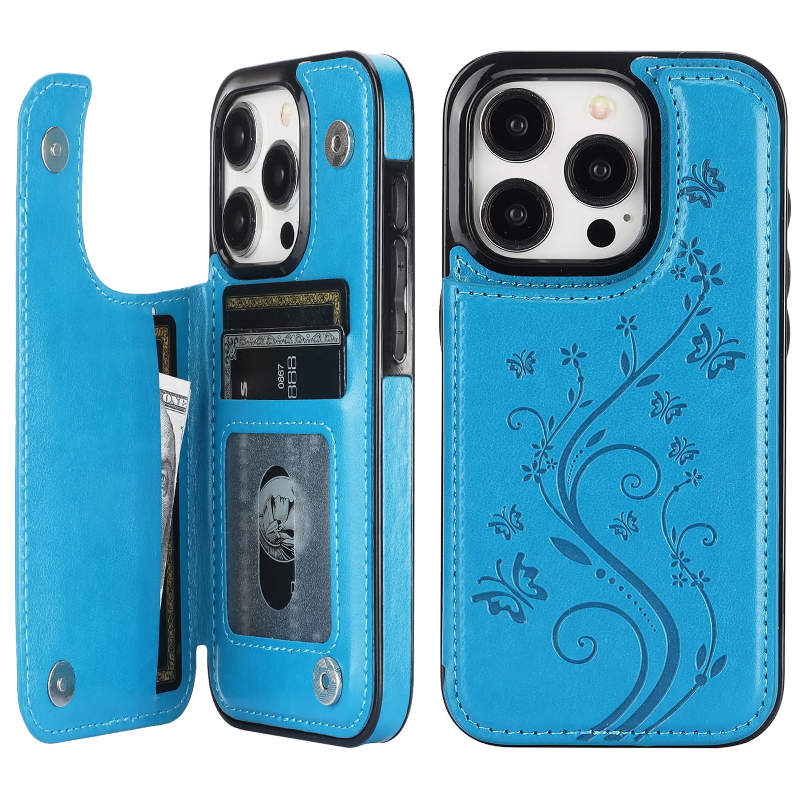 Vaburs Compatible with iPhone 15 Pro Case Wallet with Card Holder,Embossed Butterfly Pattern PU Leather Double Buttons Flip Protective Shockproof Cover for Magnetic Car Mount 6.1 Inch (Blue)