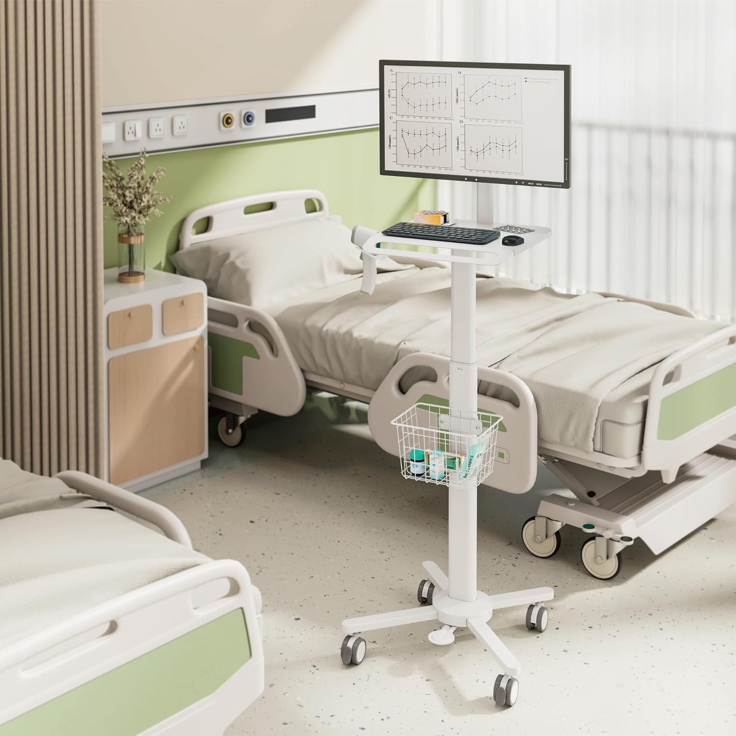 MB-C13-2 Lightweight Medical Trolley Cart for 17" to 32" Monitor with Keyboard Table, Basket, Scanner Holder for Hospital Clinic Dental Office Home Office | Height Adjustable Mobile Workstation
