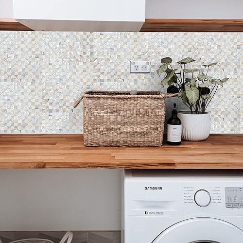 Vista 4 de KASARO - Azulejos de salpicaduras adhesivos de concha para despegar y pegar, mosaico de madreperla autoadhesivos para decoración de pared de cocina