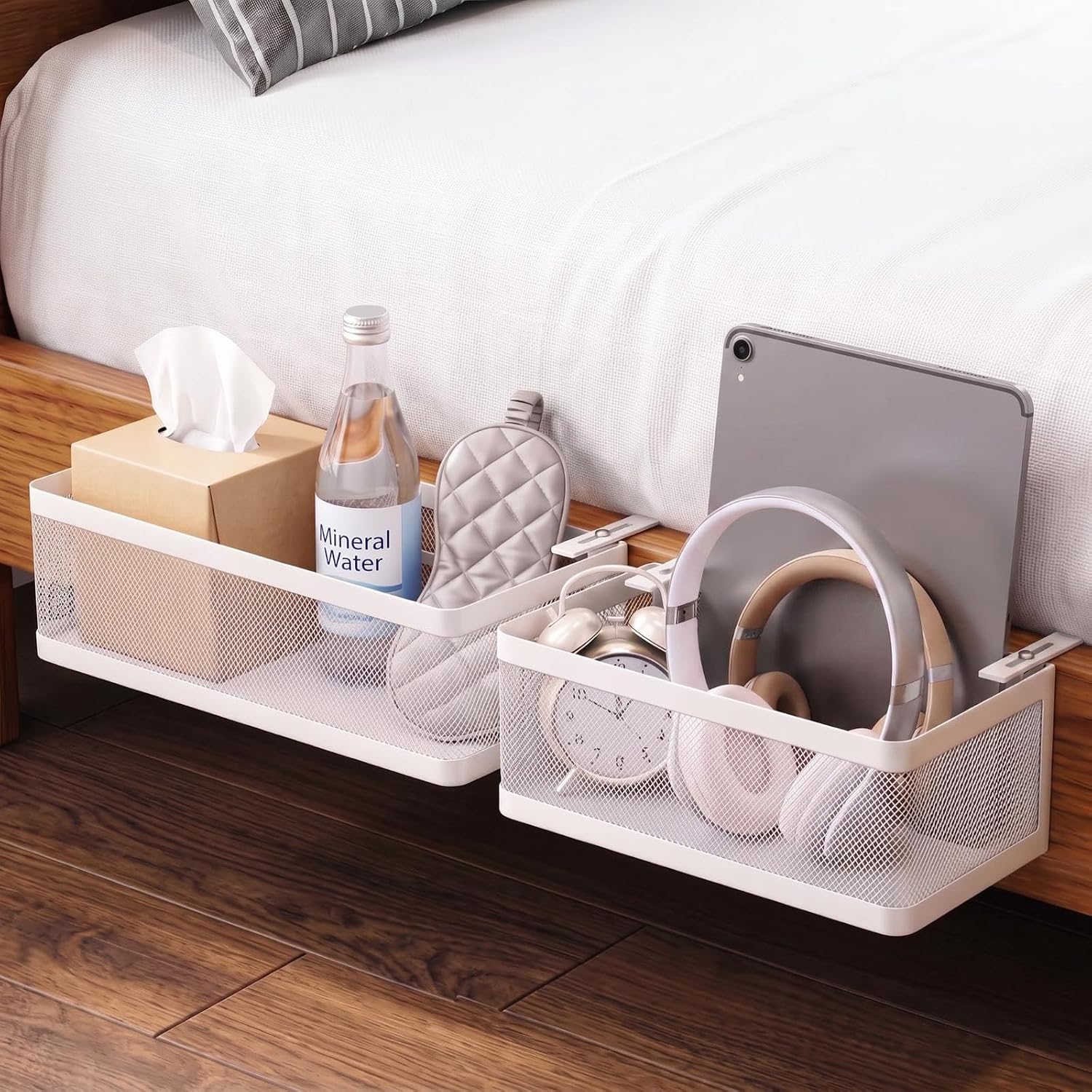 Junkin 2 Pcs 2 Size Metal Mesh Bedside Storage Caddy Shelf for Bunk Bed Hanging Storage Basket with Adjustable Hook Bedside Organizer Holder for College Dorm Essentials, Bedroom, Loft Bed(White)