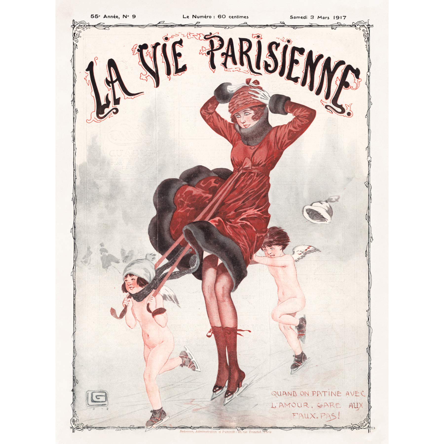 Artery8 La Vie Parisienne Winter Skating Beware Cherubs Magazine Cover Premium Wall Art Canvas Print 18X24 Inch