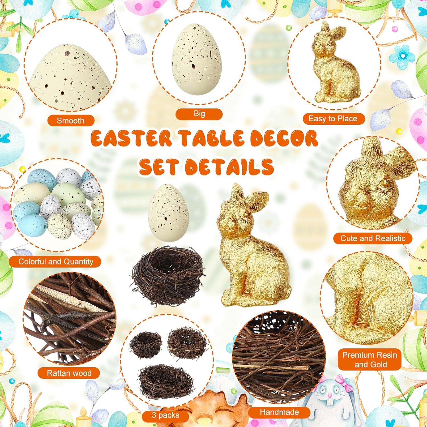 Wesiti Easter Decoration Set Gold Bunny Figurines, Artificial Birds Nest, DIY Easter Eggs Craft, Fake Moss for Easter Table Topper Decor Garden Yard Home Party Gift - Image 3