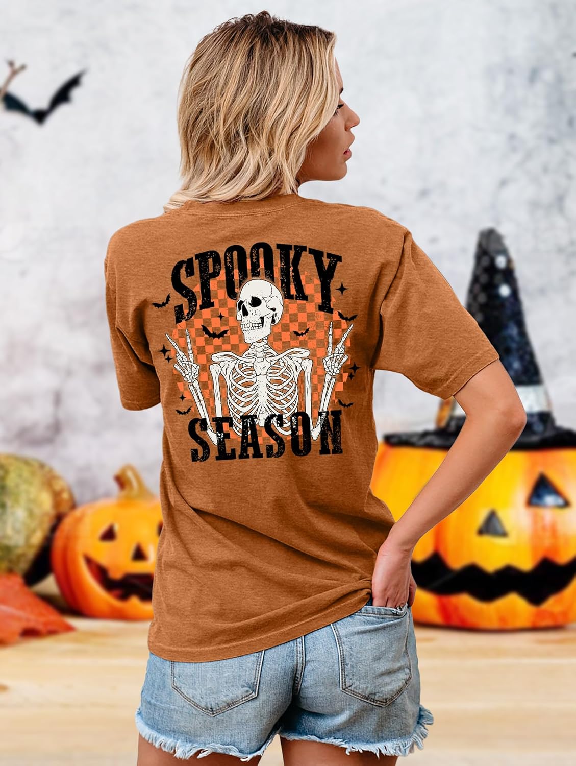 Halloween Shirts Women Spooky Season T Shirt Retro Skeleton Graphic Tee Vintage Fall Tops - Image 3
