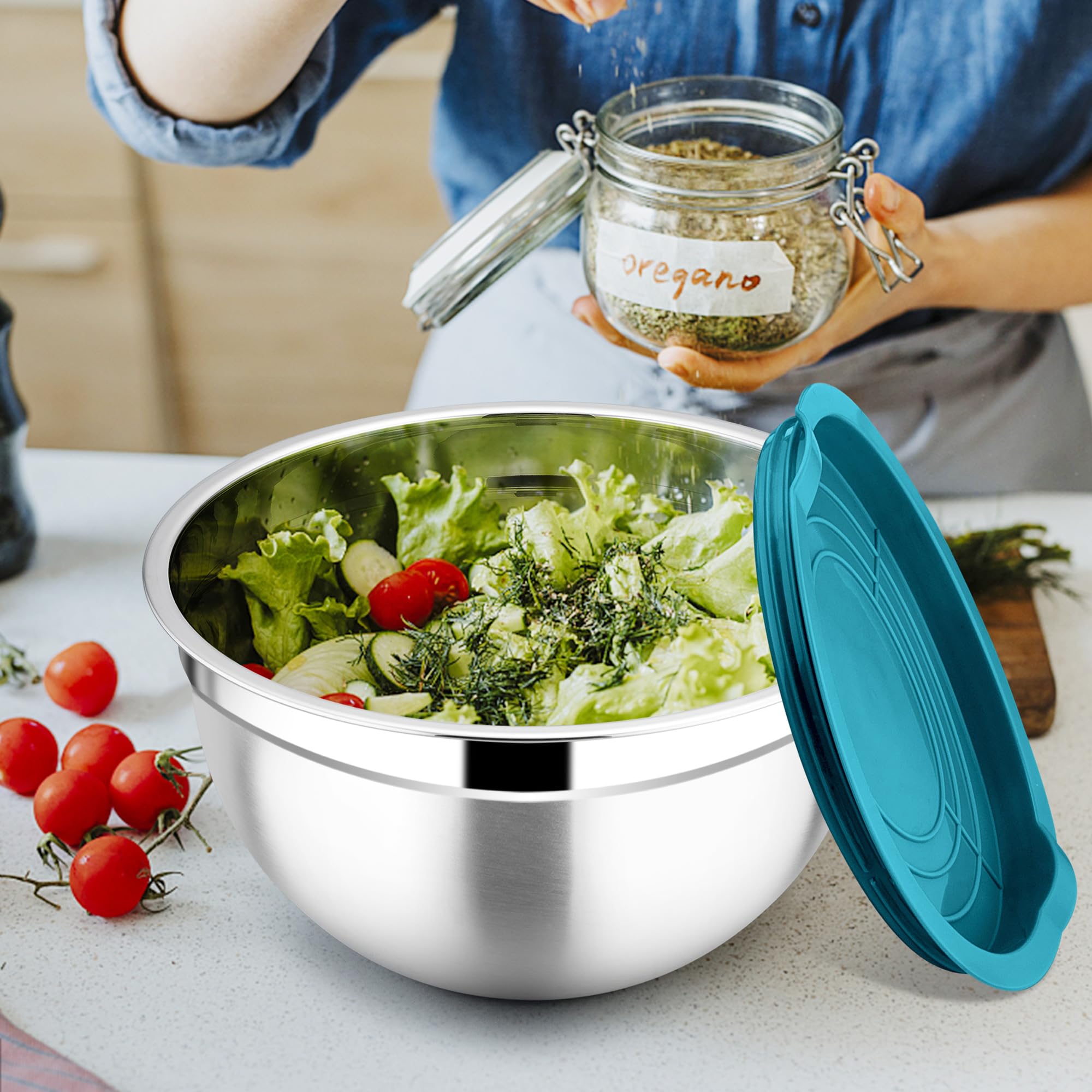 Joyfair Ciotola per insalata, 3 pezzi, in acciaio inox, con coperchio ermetico, impilabile, in metallo, per mescolare/servire/preparazione, lavabile in lavastoviglie, 4,5 l, 2,7 l, 1,5 l, blu
