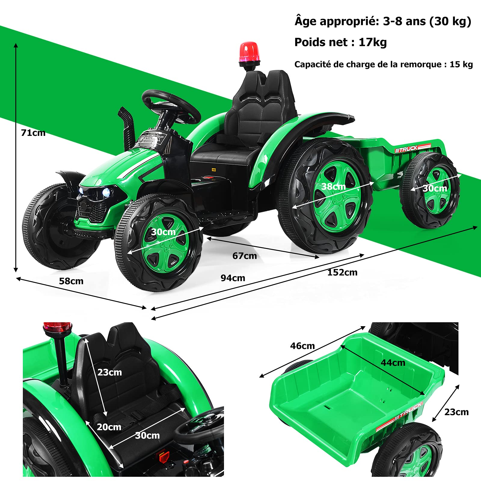 GOPLUS 12V Tracteur Électrique avec Remorque, Voiture Électrique Enfants 1 Place avec Télécommande 2,4G,Véhicule Convient aux Enfants de 3 à 8 Ans avec Lumières, Musique (Vert)