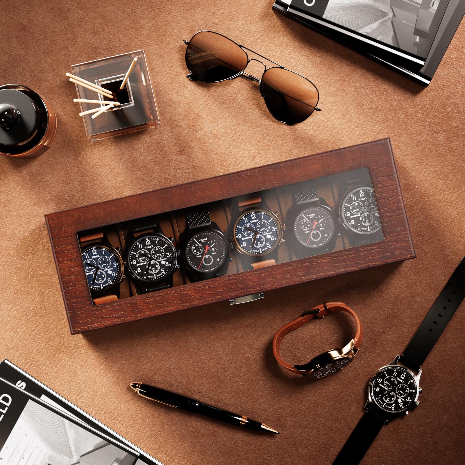 Boîte Rangement Montres Et Lunettes En Cuir - 33x20x8 Cm, Vitre Transparente, 6 Coussins Amovibles, Marron