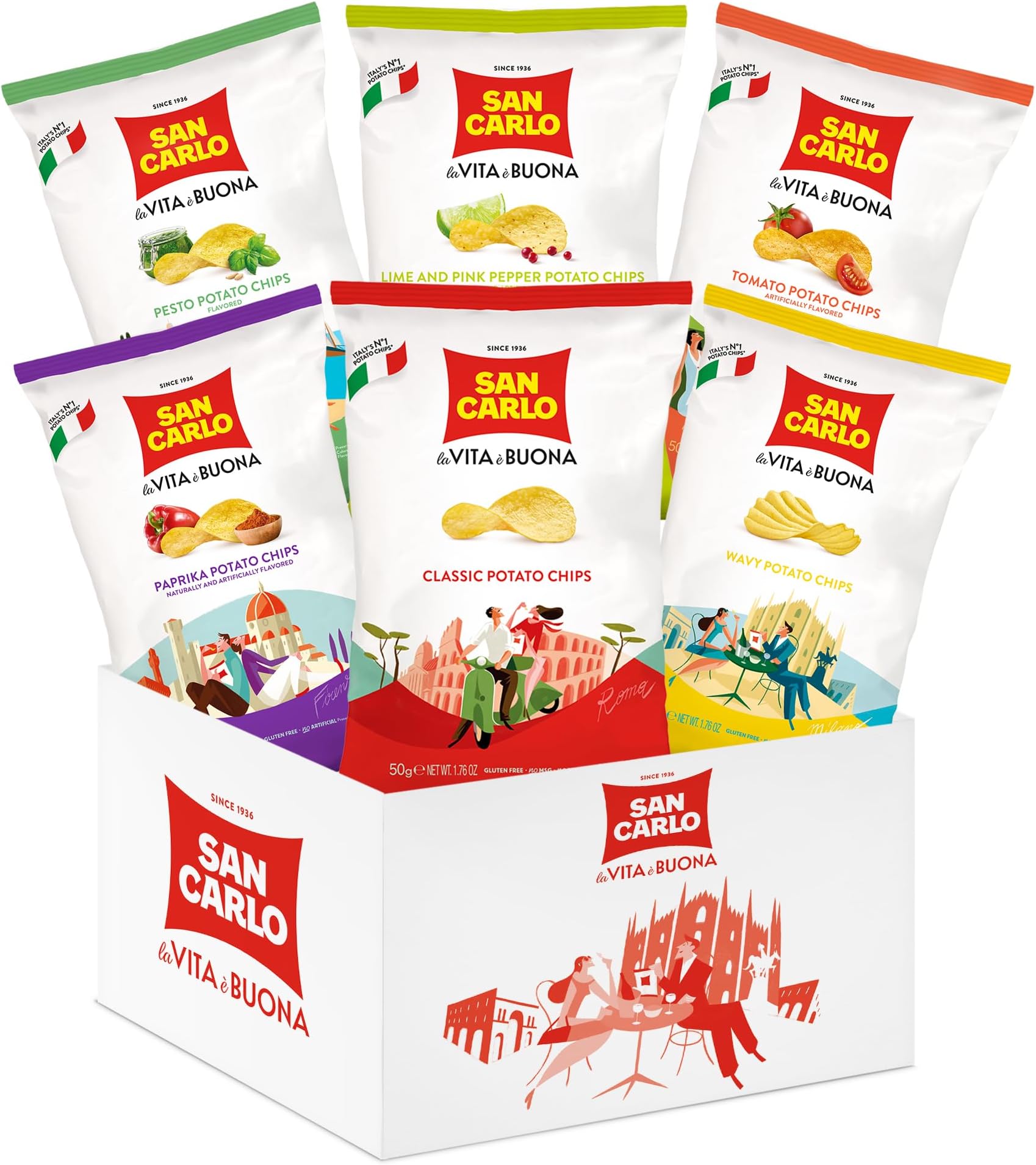 San Carlo Variety Pack 8X 50g Multi Flavours n°1 Italian Potato Chips – Classic, Wavy, Paprika, Pesto, Lime and Pink Pepper, Tomato