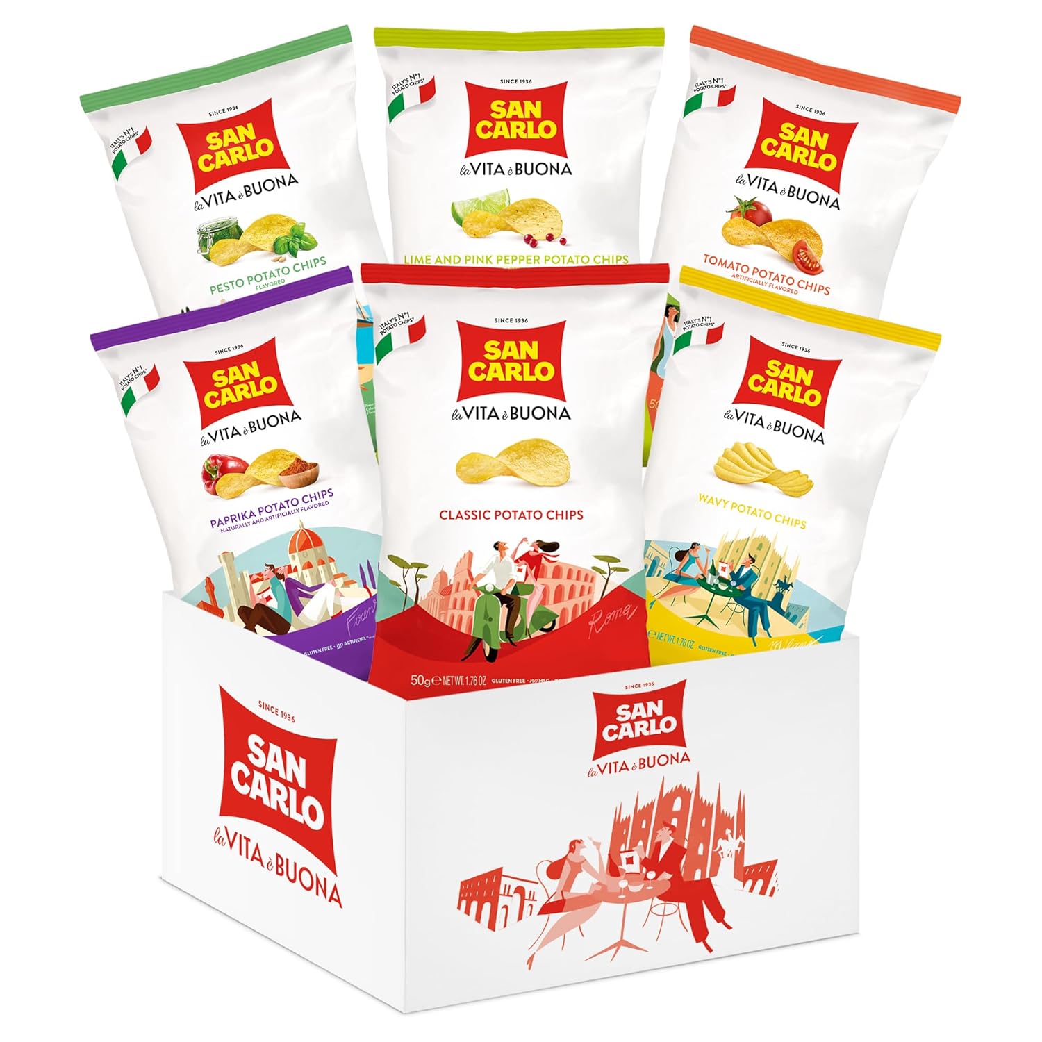 San Carlo Variety Pack 8X 50g Multi Flavours n°1 Italian Potato Chips – Classic, Wavy, Paprika, Pesto, Lime and Pink Pepper, Tomato