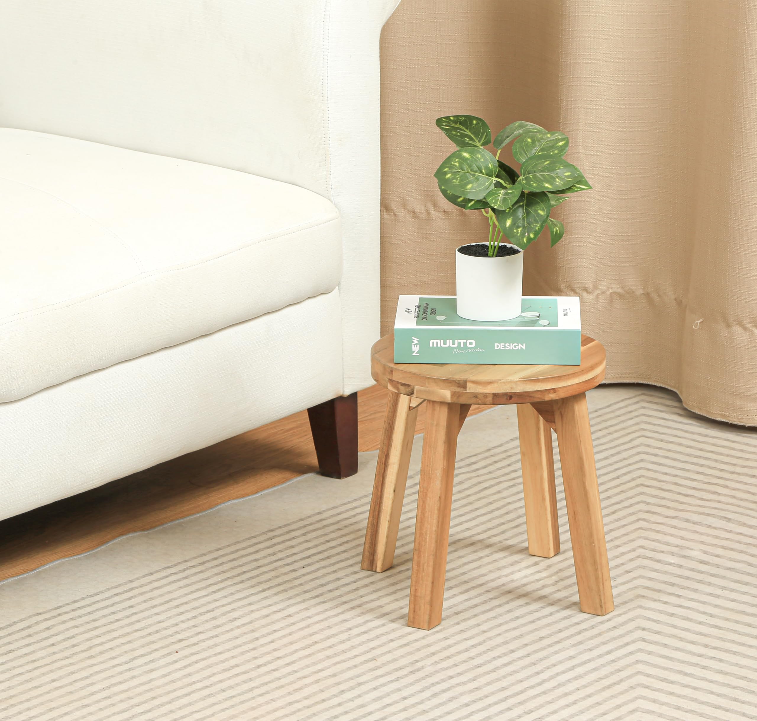 ARROWSTONE Round Stool Acacia Wood, 12" Height, 11" Round Top, Backless, Easy Assembly, Natural Wax Finish, Wooden Stool for Plant, Dining Room,