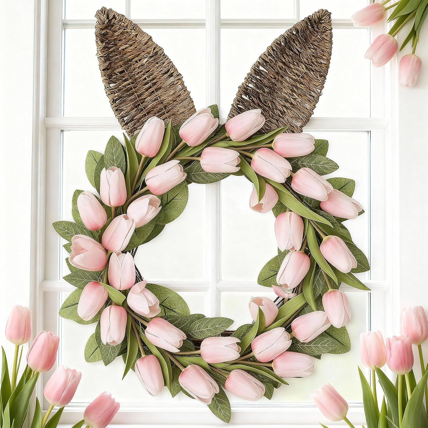 Norme Easter Bunny Ears Wreath for Front Door Spring Tulip Easter Bunny Rabbit Rattan Silk Wreath with Green Leaves Artificial Pink Tulip Flower for Front Door Outdoor Indoor Wall Window Decor