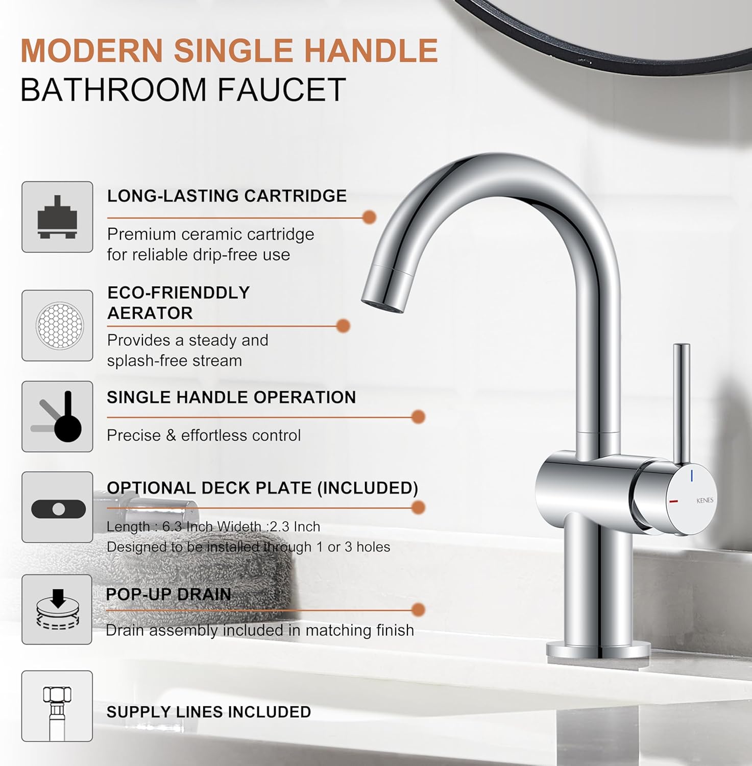 KENES Polished Chrome Bathroom Faucets Single Handle Modern Prep Wet Bar Sink Faucets Bathroom Sink Faucet with Drain Assembly & Deck Plate, Farmhouse RV Camper Outdoor Utility Faucet, KE-9005B-5