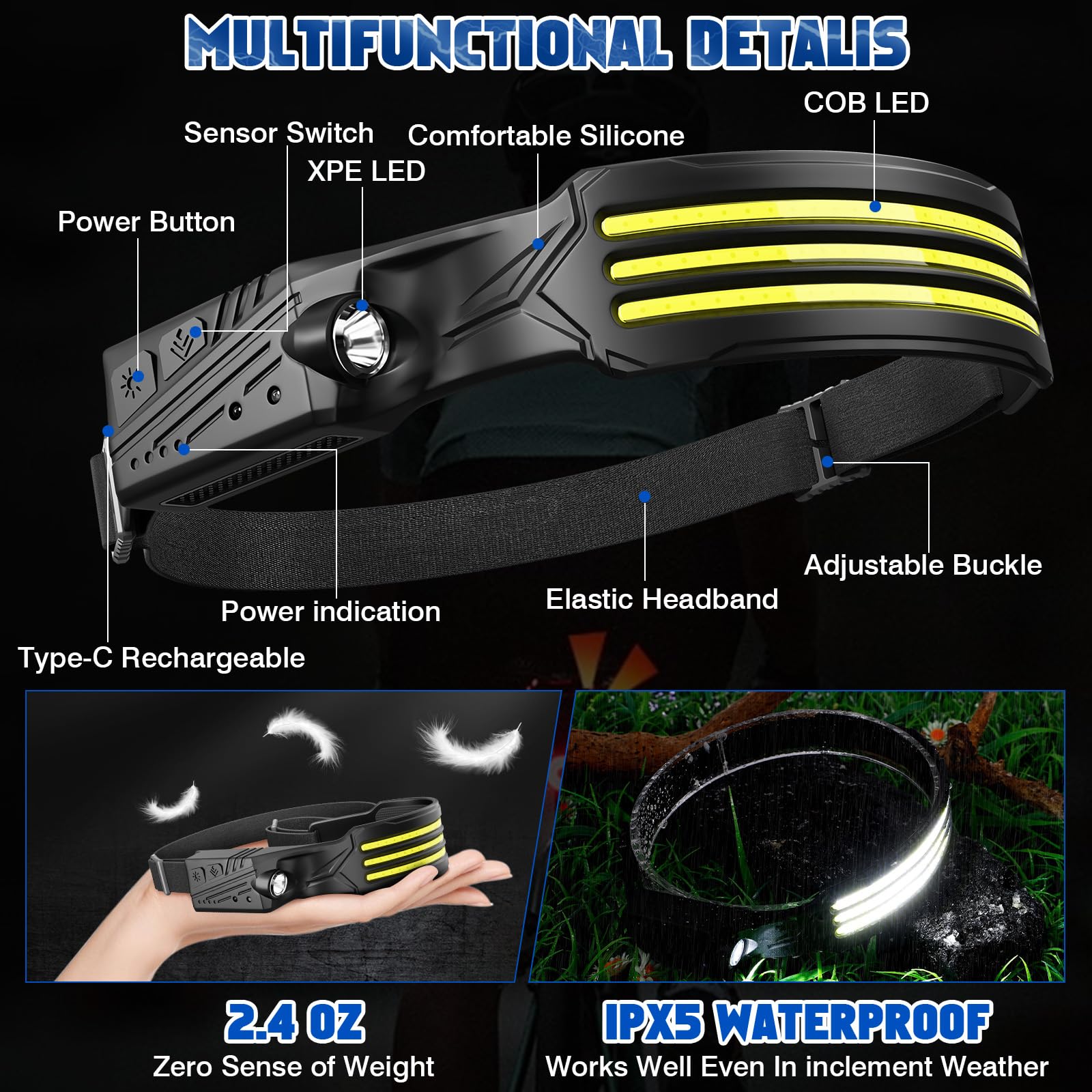 Stirnlampe Led Wiederaufladbar,2 Stück 3000 Lumens Superhell 3*LED Weiß Licht 230°Weitwinkel Sensor Kopflampe,IPX5 Wasserdicht 0.14lb Leichtgewichtig Stirnlampen für Camping,Joggen,Wandern,Angeln