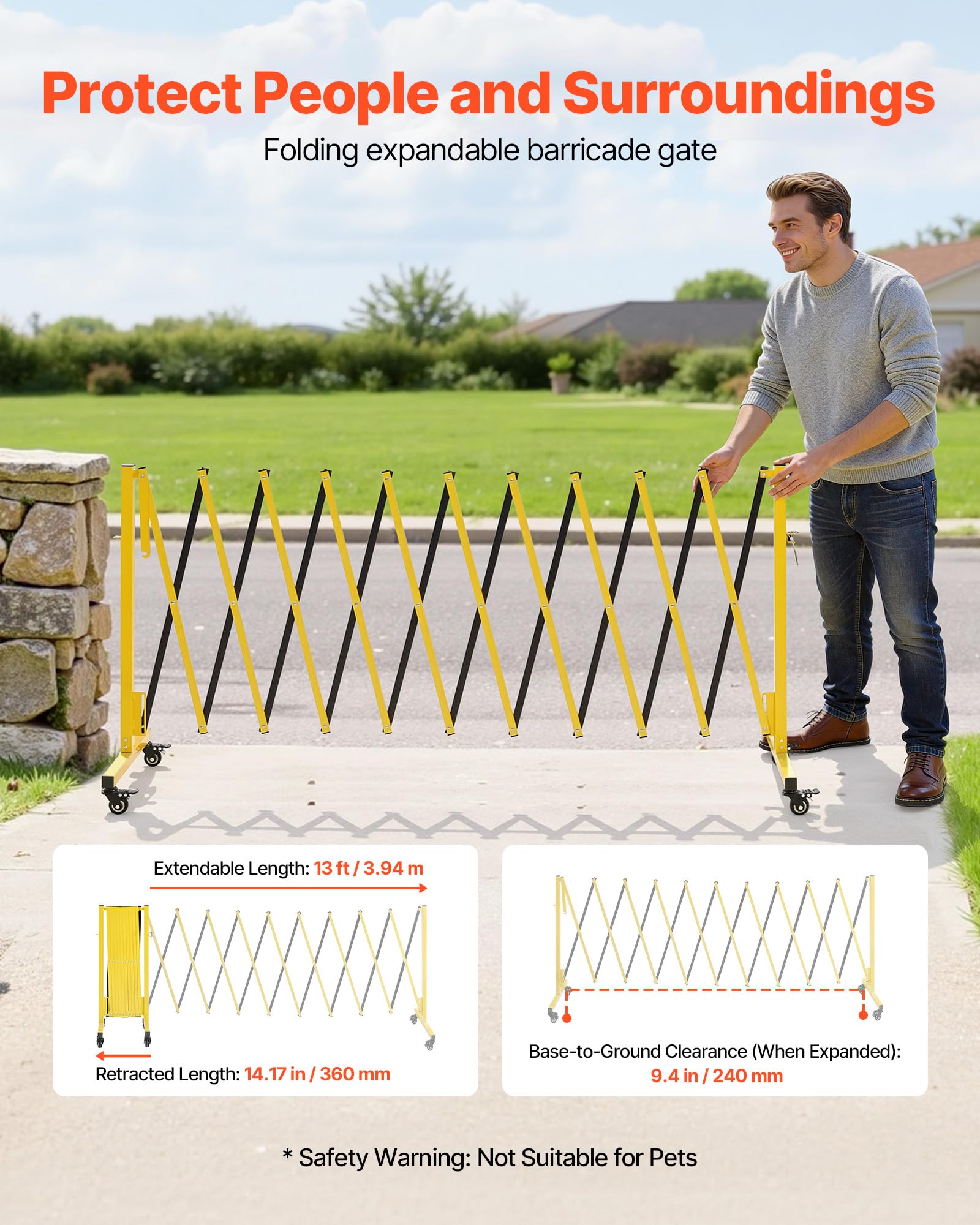 VEVOR Barricada Extensible de 3,94 m, Barrera de Seguridad Plegable con Rueda y Freno, Valla Metálica Portátil de Aleación de Aluminio, para Obra Construcción Control de Espacios, Color Negro Amarillo