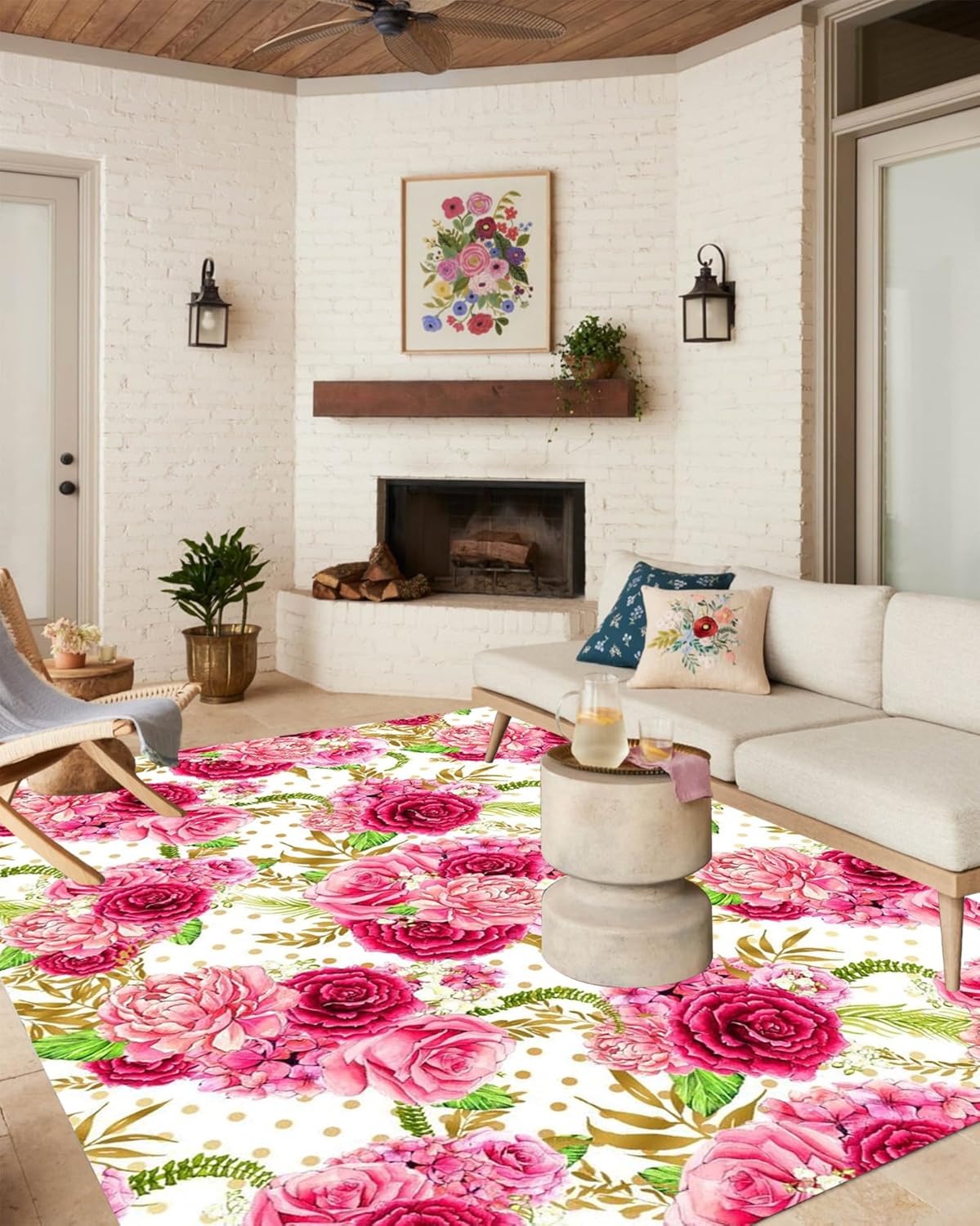 Vibrant Floral Pink Outdoor Rug Modern Contempporary Art Deco Washable Area Rug for Patio Porch Deck Balcony Waterproof Durable Backyard Carpet Cute Garden Large Rugs 5x7
