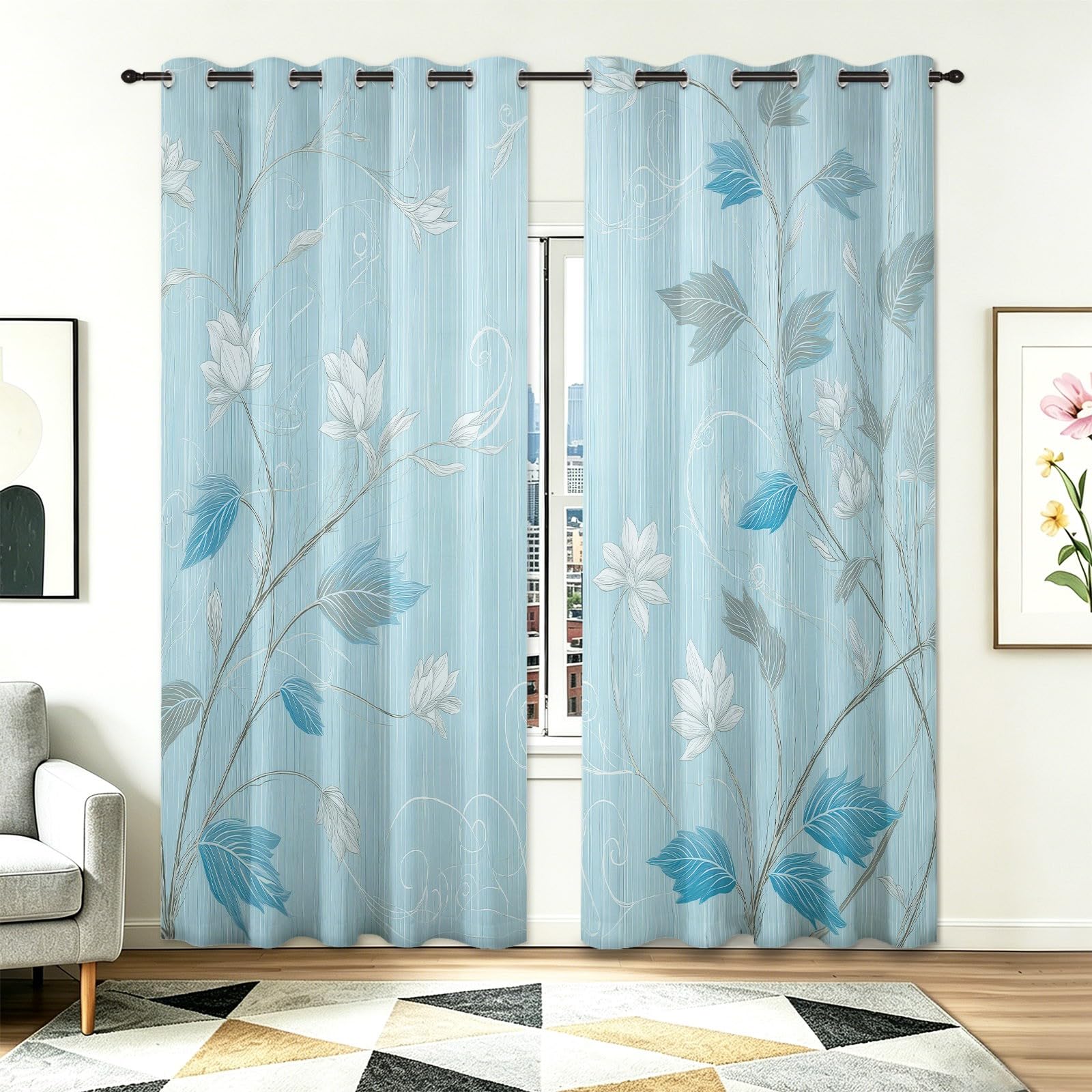 Wirujące i botaniczne minimalistyczne zasłony okienne 70 l x 240 H cm (2 panele), gruba izolacja termiczna 240g/m² do drzwi okiennych, biura, sypialni, jasnoniebieskie
