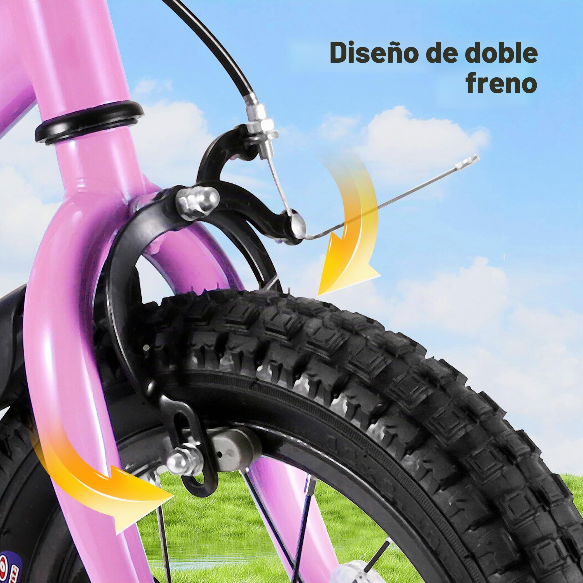 BODIOO Bicicleta infantil de 14 pulgadas, bicicleta para niños y niñas con ruedas estabilizadoras, marco estable, asiento ajustable, freno de contrapedal y freno de mano, adecuado para ciclistas de 94