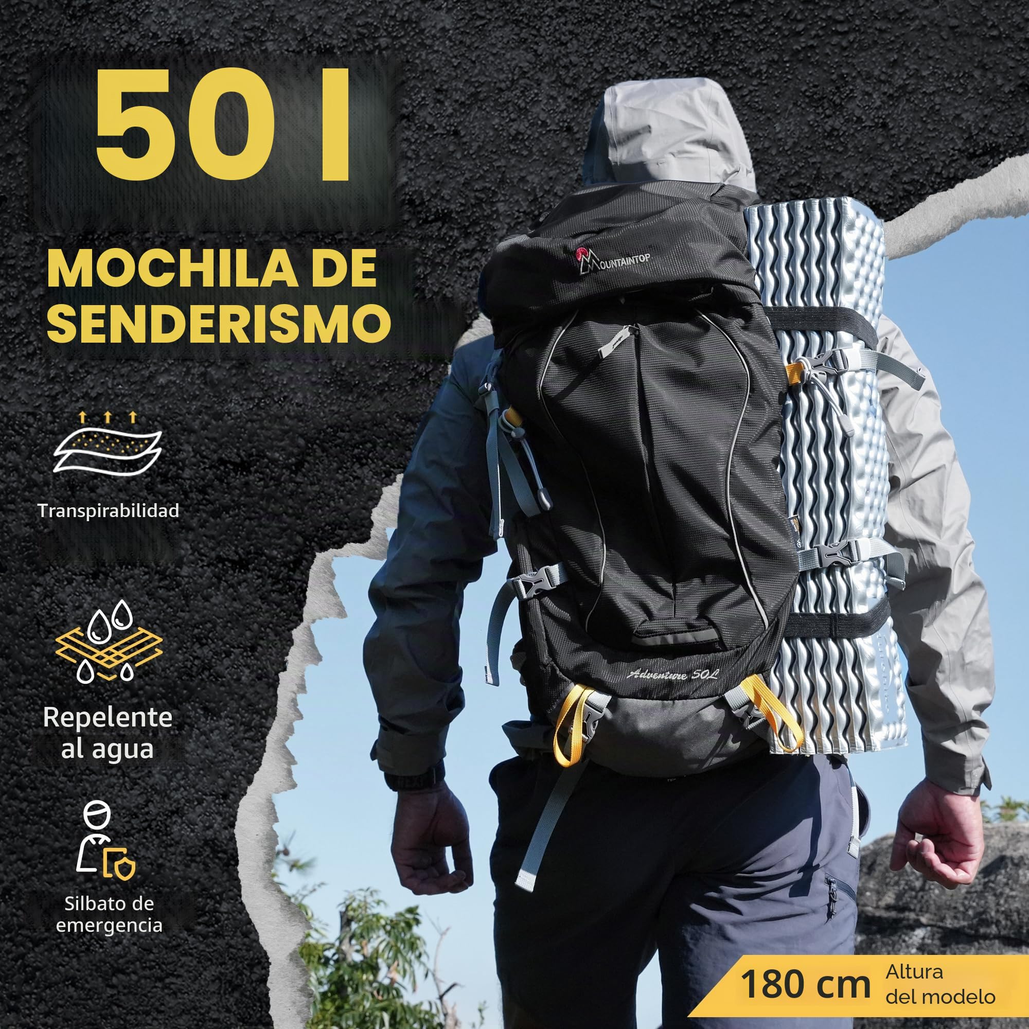 MOUNTAINTOP Mochila Trekking 50L Hombre Mujer Funda Lluvia | Ideal para senderismo montaña acampada y viajes de varios días, cremalleras YKK, soporte lumbar cinturón acolchado
