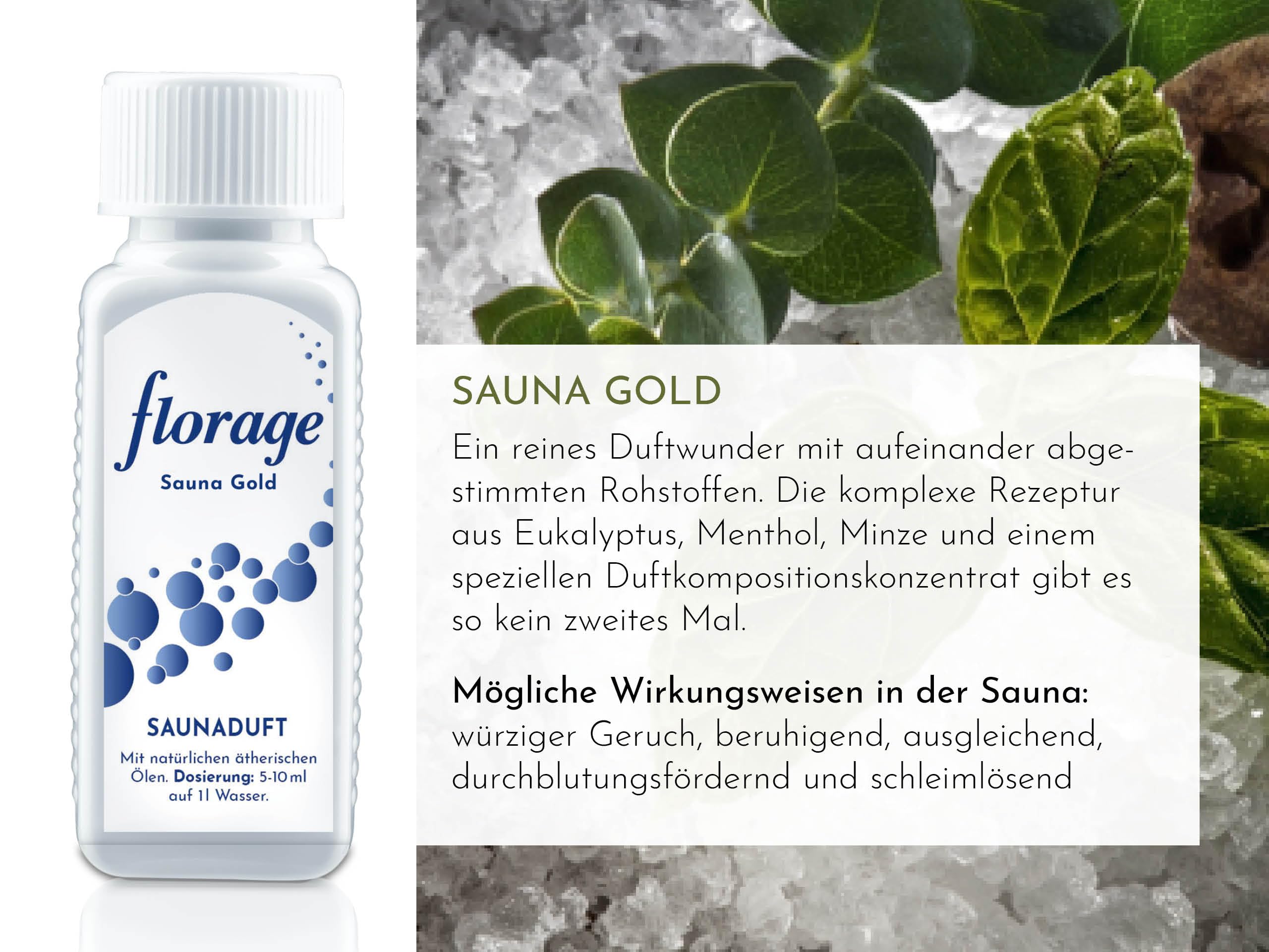 5x 100ml Saunaaufguss Saunaduft Konzentrat Duftöl Geschenkset - Eukalyptus, Minze, Latschenkiefer, Citrone/Orange, Sauna Gold - auch für Kräuterbäder, Aromaschalen und Thermarien