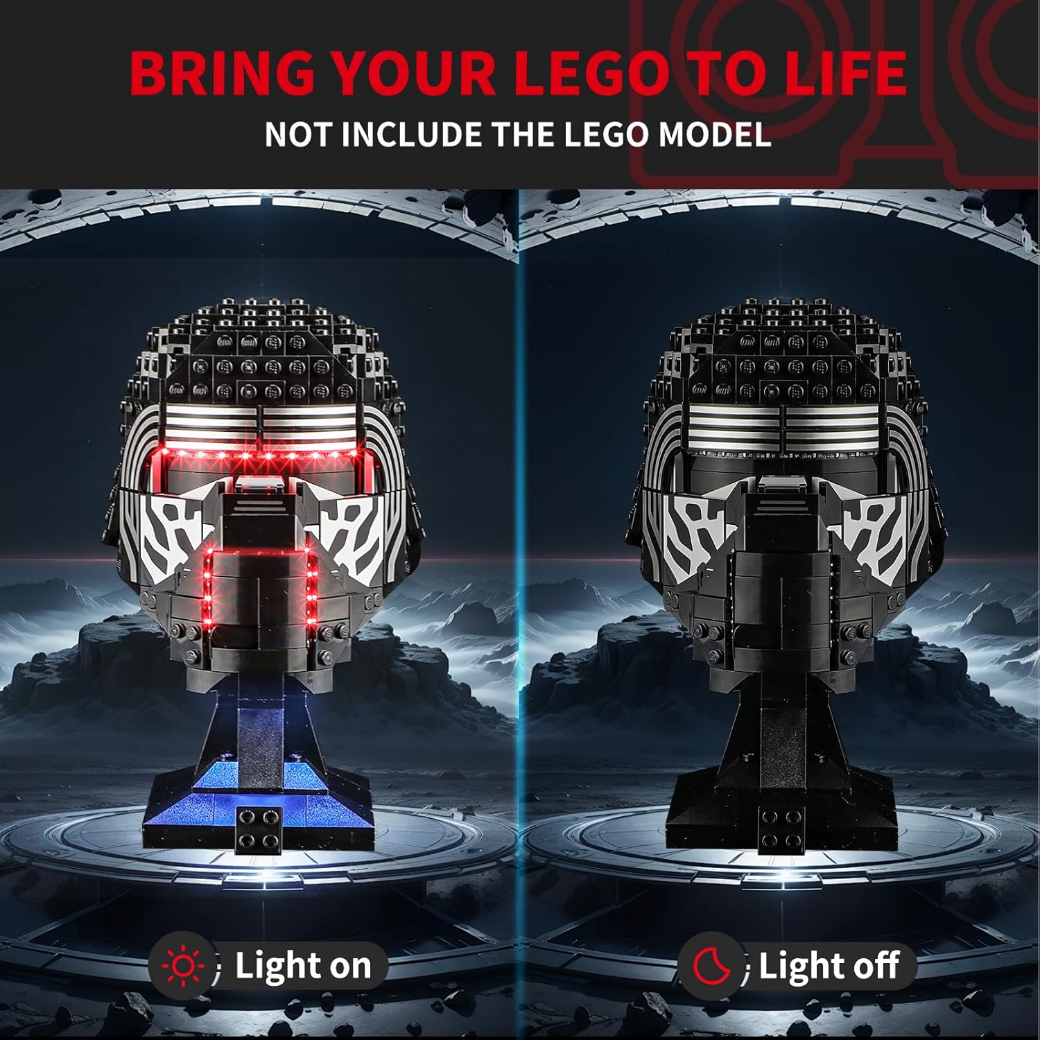 A Lego Kylo Ren Helmet with the BRIKSMAX light kit installed, shown with lights on (red and blue) and lights off, demonstrating the visual impact.