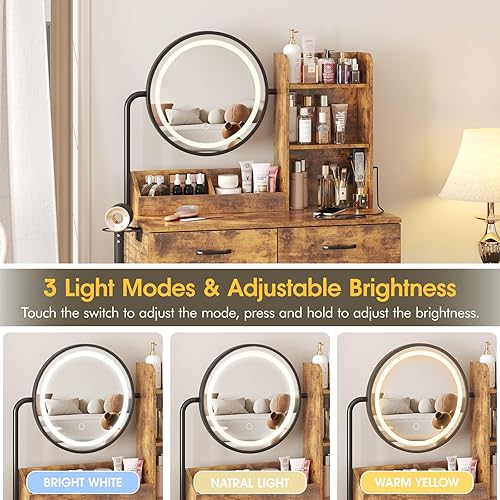 Miniatura 5 de Escritorio de maquillaje con espejo redondo y luces, mesa de maquillaje con 2 cajones, pequeña mesa de tocador para dormitorio con mucho