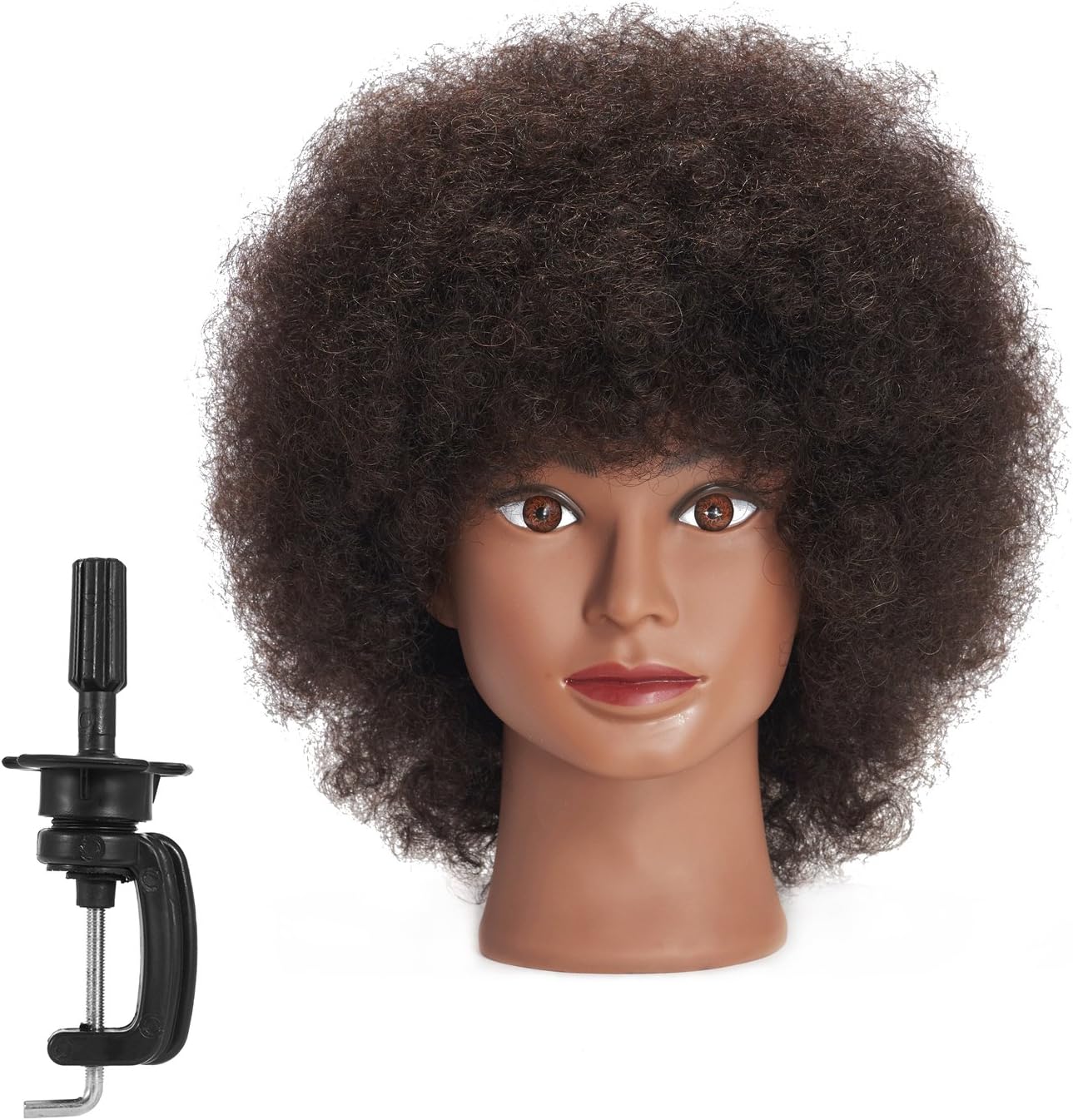 Traininghead 100% Real Hair Mannequin Head Training Head Cosmetology Doll Head Manikin Practice Head Hairdresser with Free Clamp Holder Female (10 inches afro hair C)
