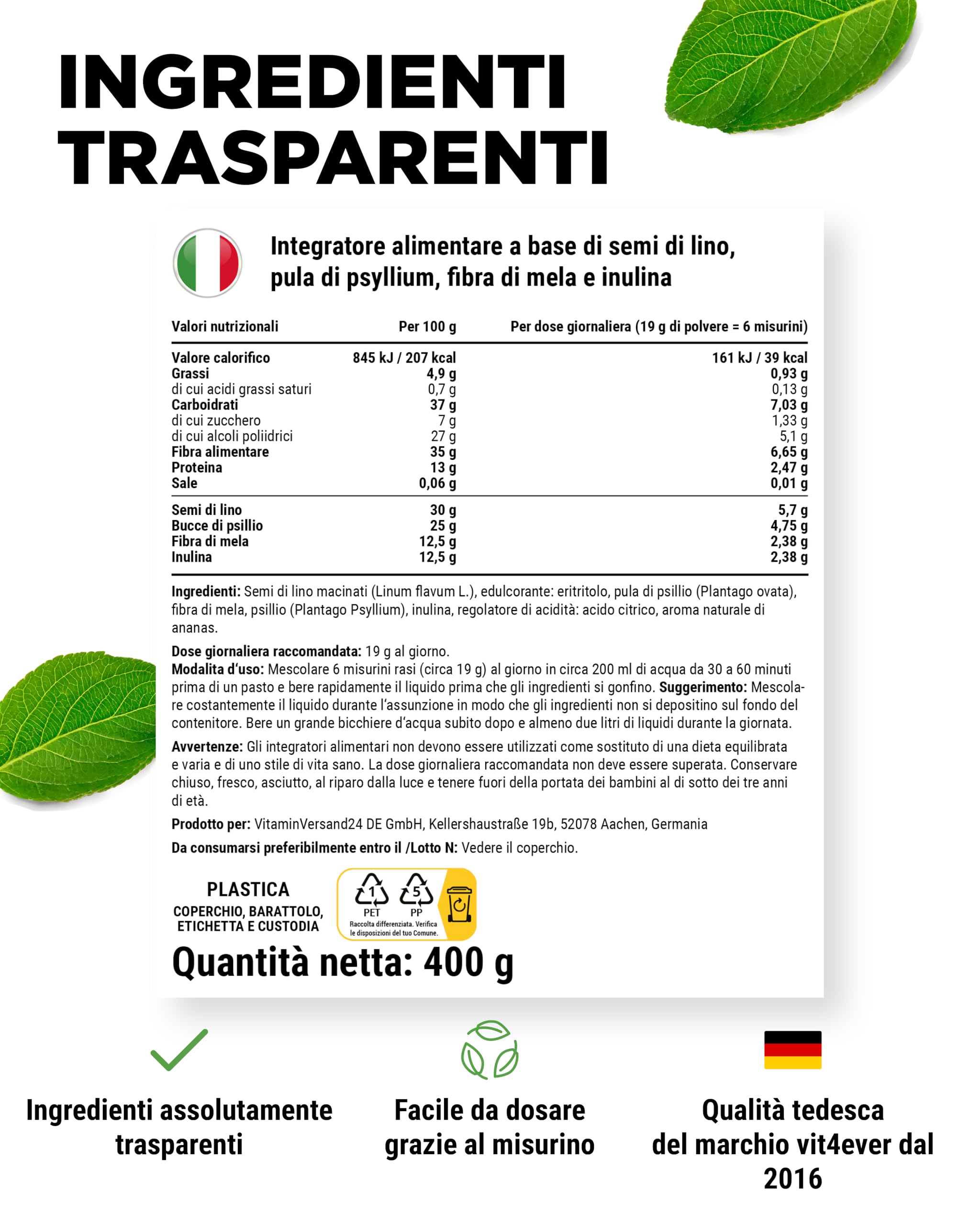 Combinazione di fibre alimentari - 400 g di polvere con bucce di psyllium, inulina (prebiotico), polpa di mela, semi di lino - Alto contenuto di fibre alimentari - Vegan - Con aroma naturale di ananas
