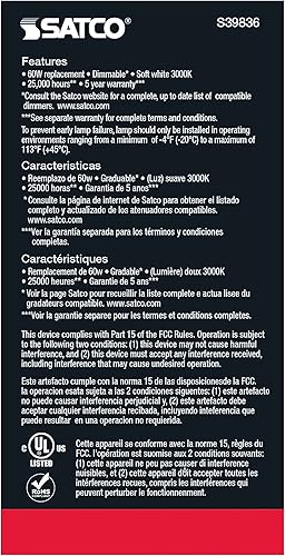 Miniatura 7 de Satco S39836/06 - Bombillas LED E26 de 9.8 W, 3000 K, clasificación de 25000 horas, regulable, 1 unidad (paquete de 6)