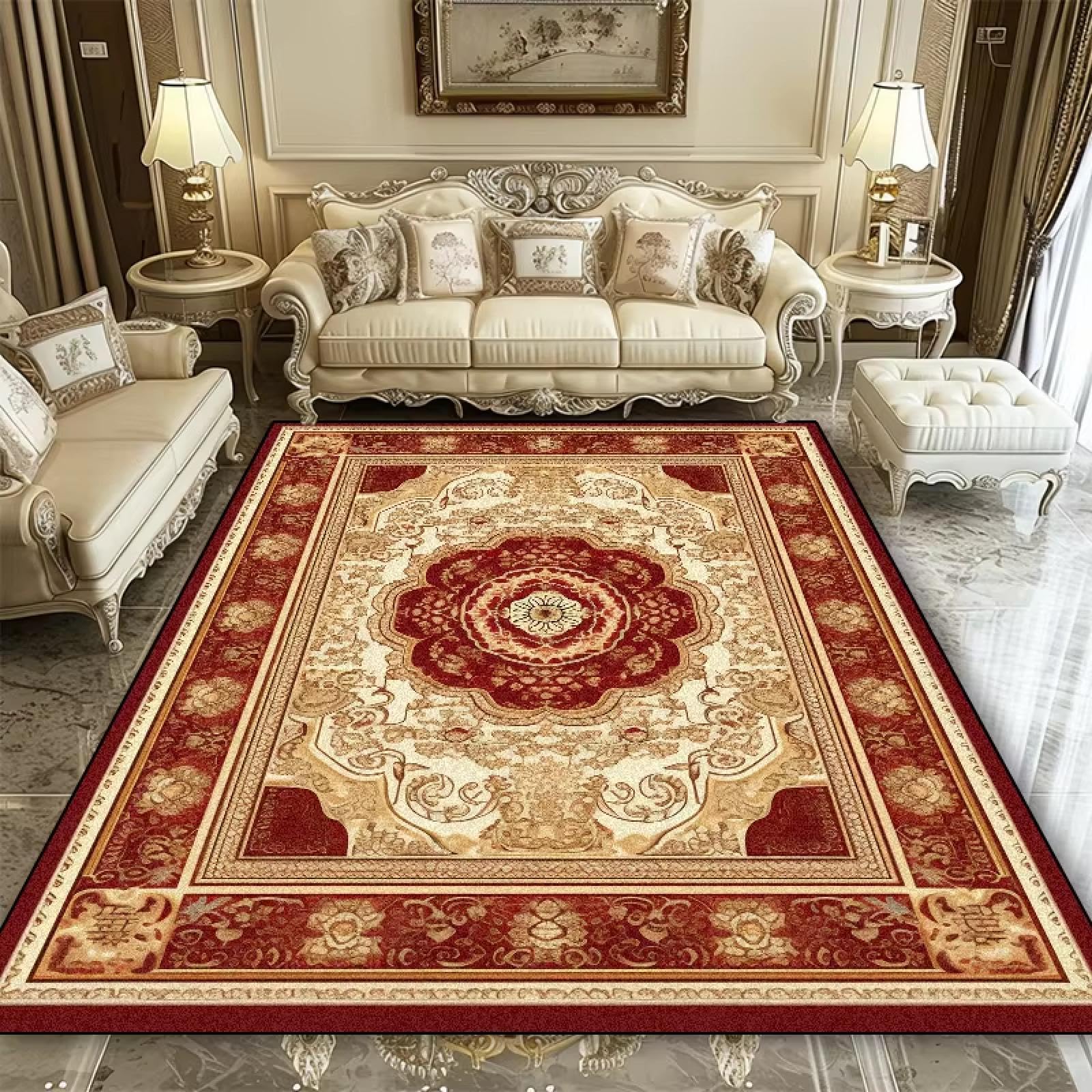 Tapis de luxe européen rouge lavable pour éviter les glissades dans le salon