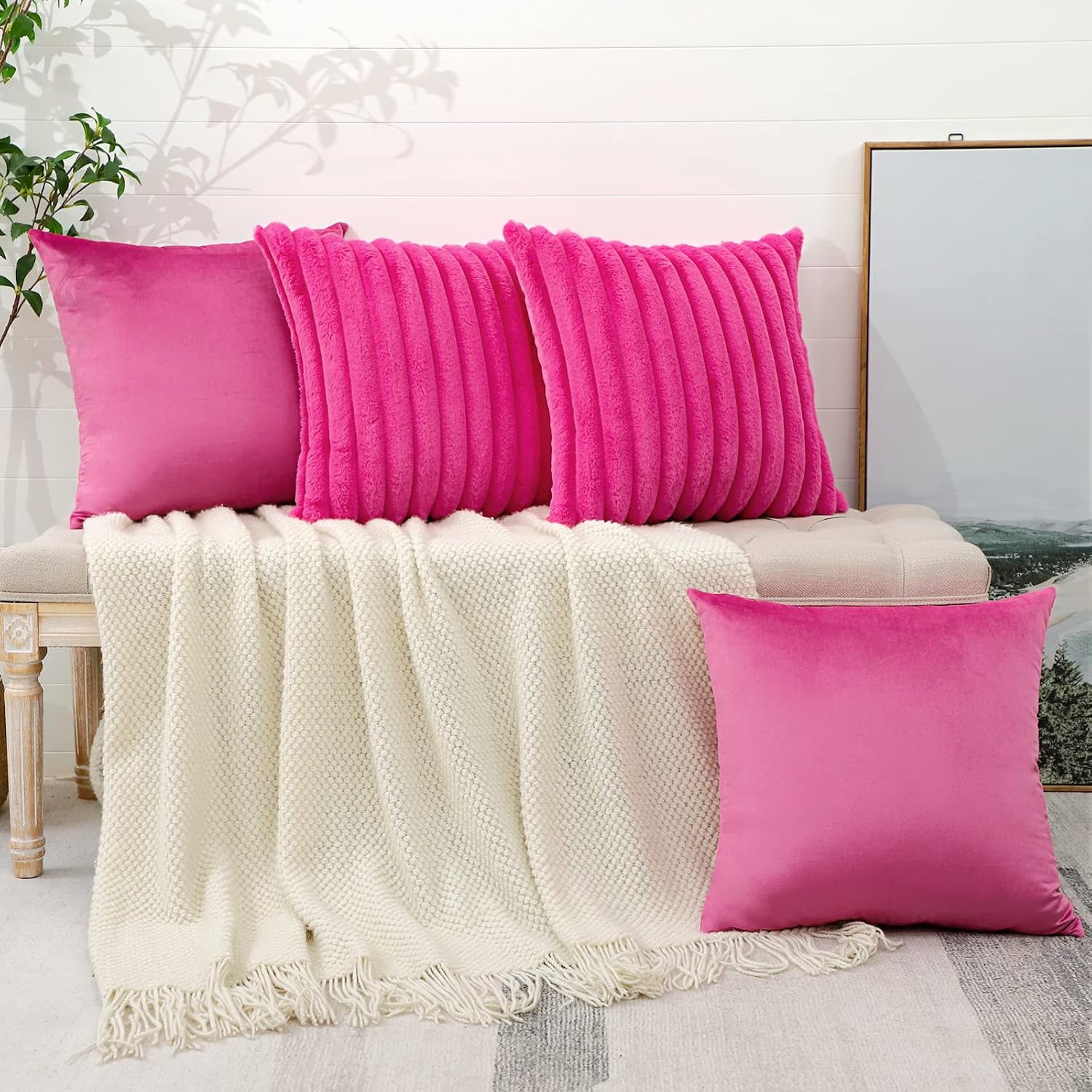 OTOSTAR Pack of 4 Faux Fur Plush Decorative Throw Pillow Covers Striped Soft Fuzzy Pillowcase Cozy Velvet Square Cushion Cover for Couch Sofa Bedroom Home Car Decor Pillow Covers 18x18 Inch (Hot Pink)