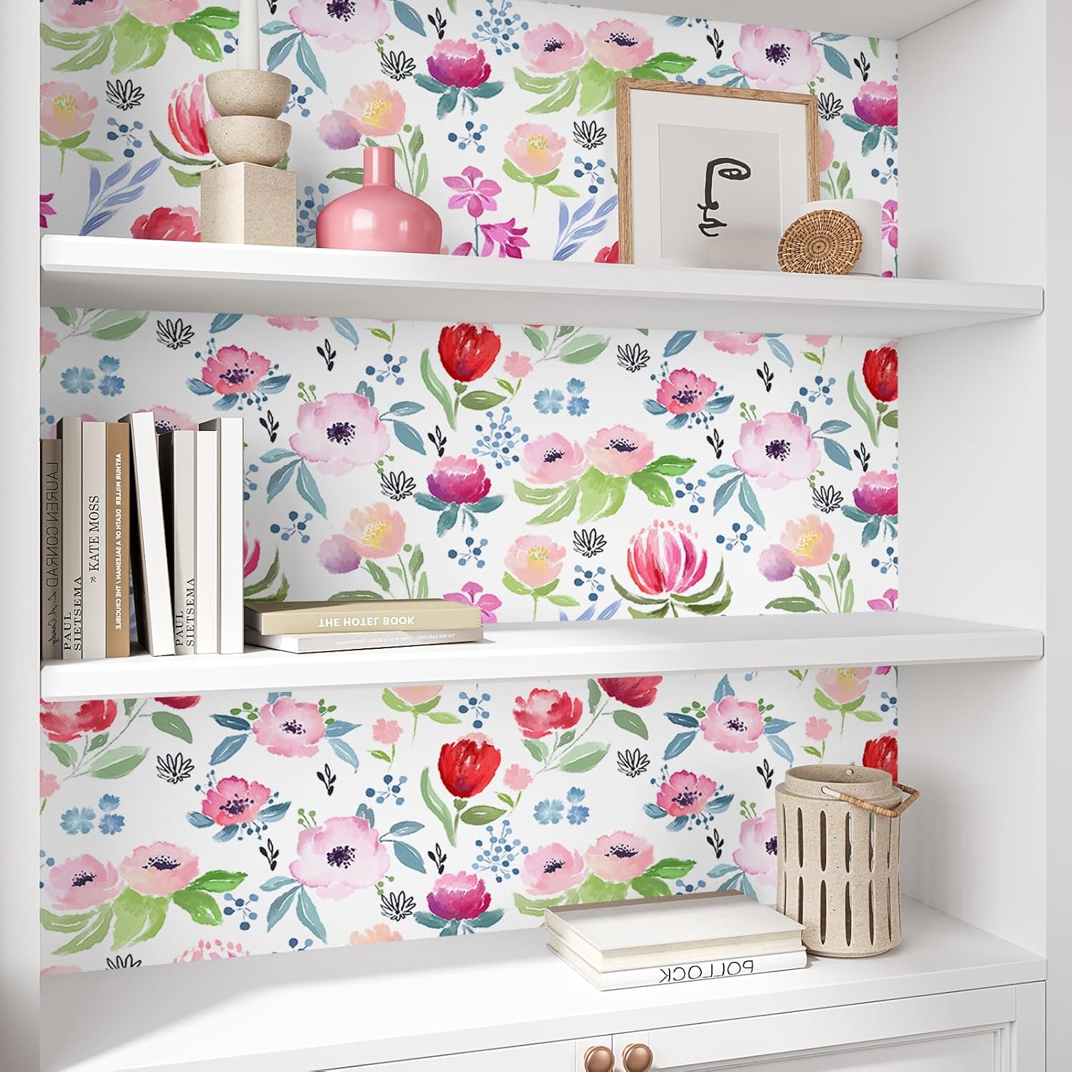 VEELIKE Watercolor Pink Floral Wallpaper Stick and Peel Flower Wallpaper for Girls Bedroom Nursery 17.7''x118'' Floral Removable Wallpaper Peel and Stick Pink Contact Paper for Walls Cabinets Drawers