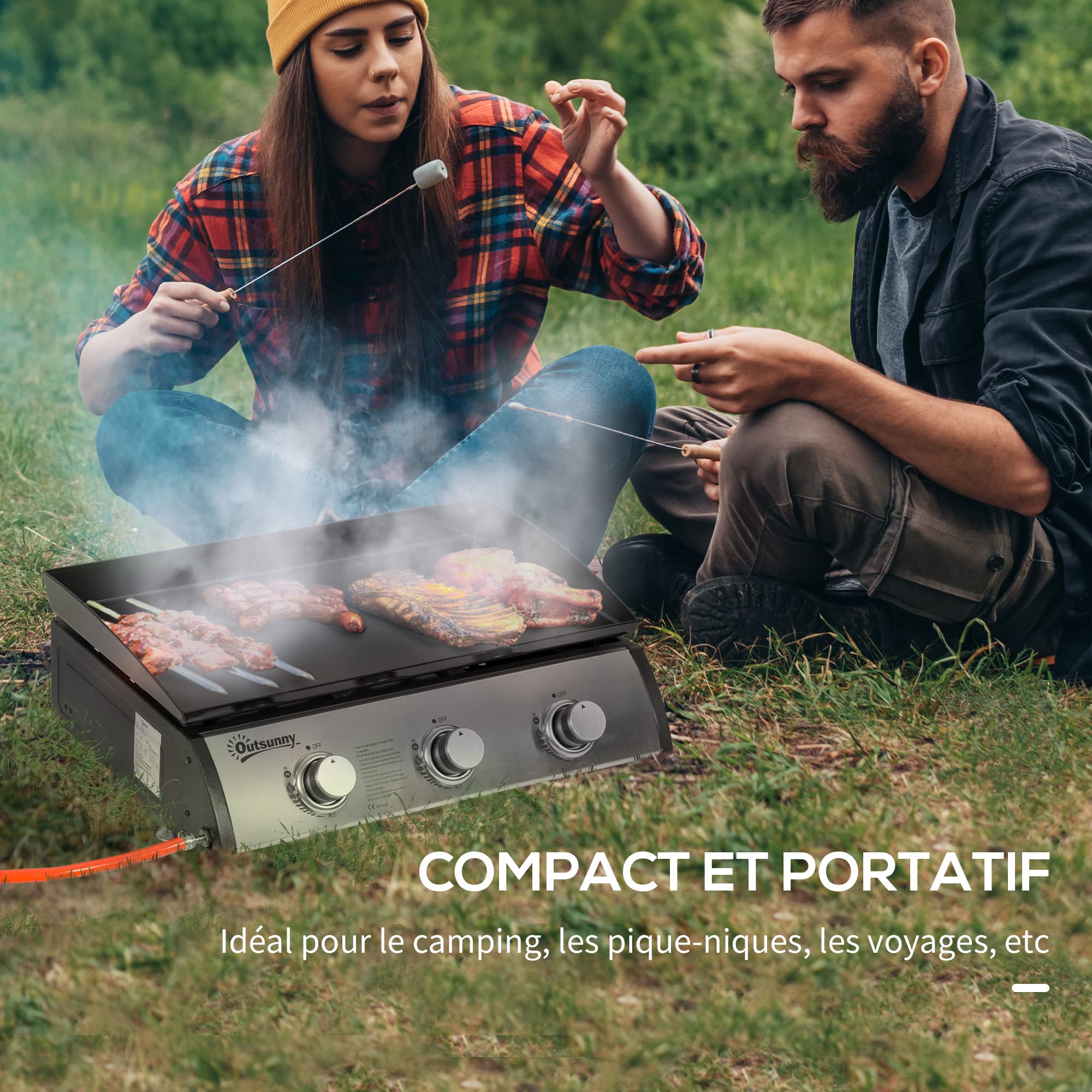 Outsunny Plancha Gaz Acier Inox 3 Brûleurs 9 kW Antiadhésive 61 x 35,5 cm | Grande Surface de Gril