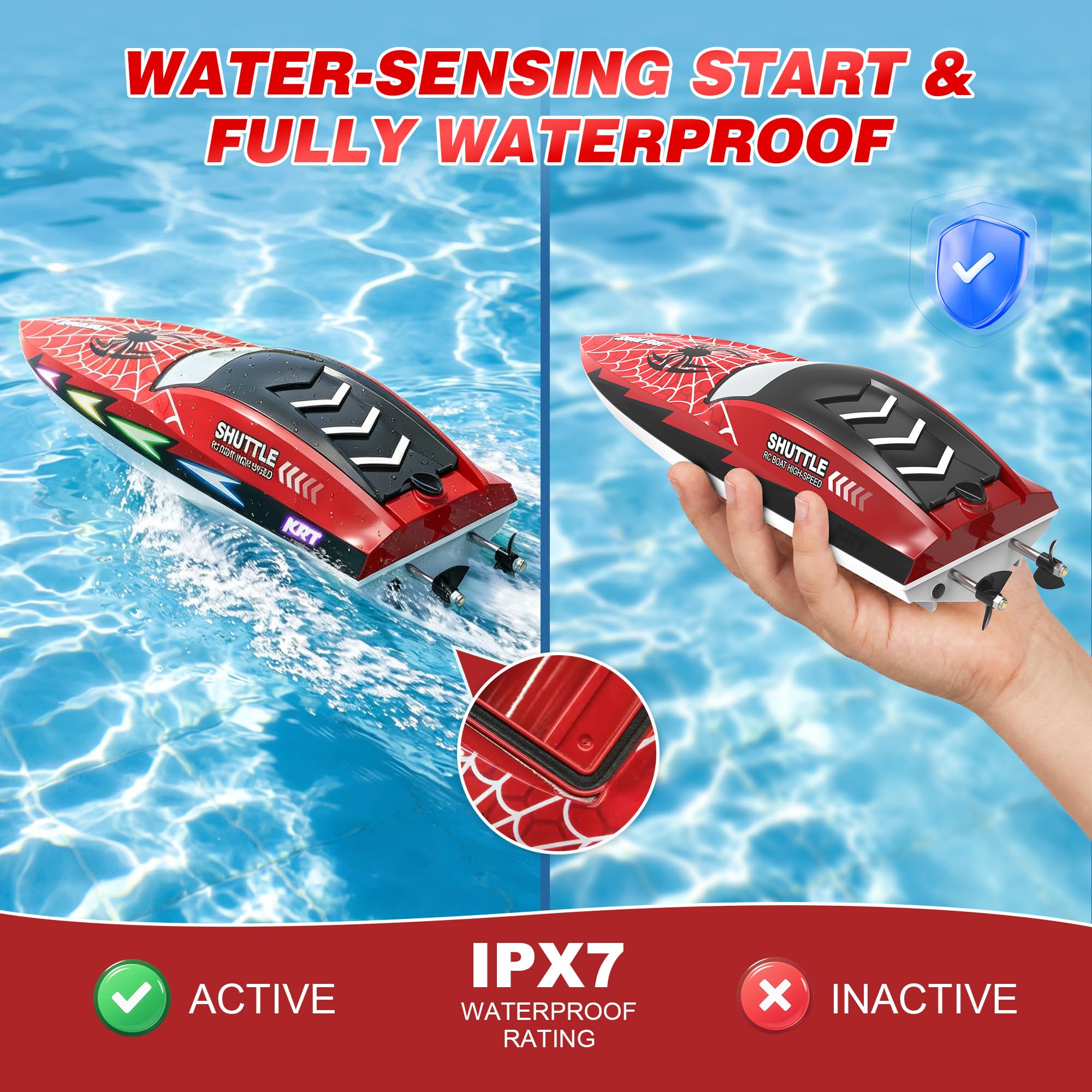 Barco teledirigido con 7 modos de luz, barco teledirigido de 20 km/h, con modo de un clic, 2,4 GHz barcos de carreras con 2 pilas, 40 minutos de tiempo de juego y graffiti de arañas, piscinas y lagos