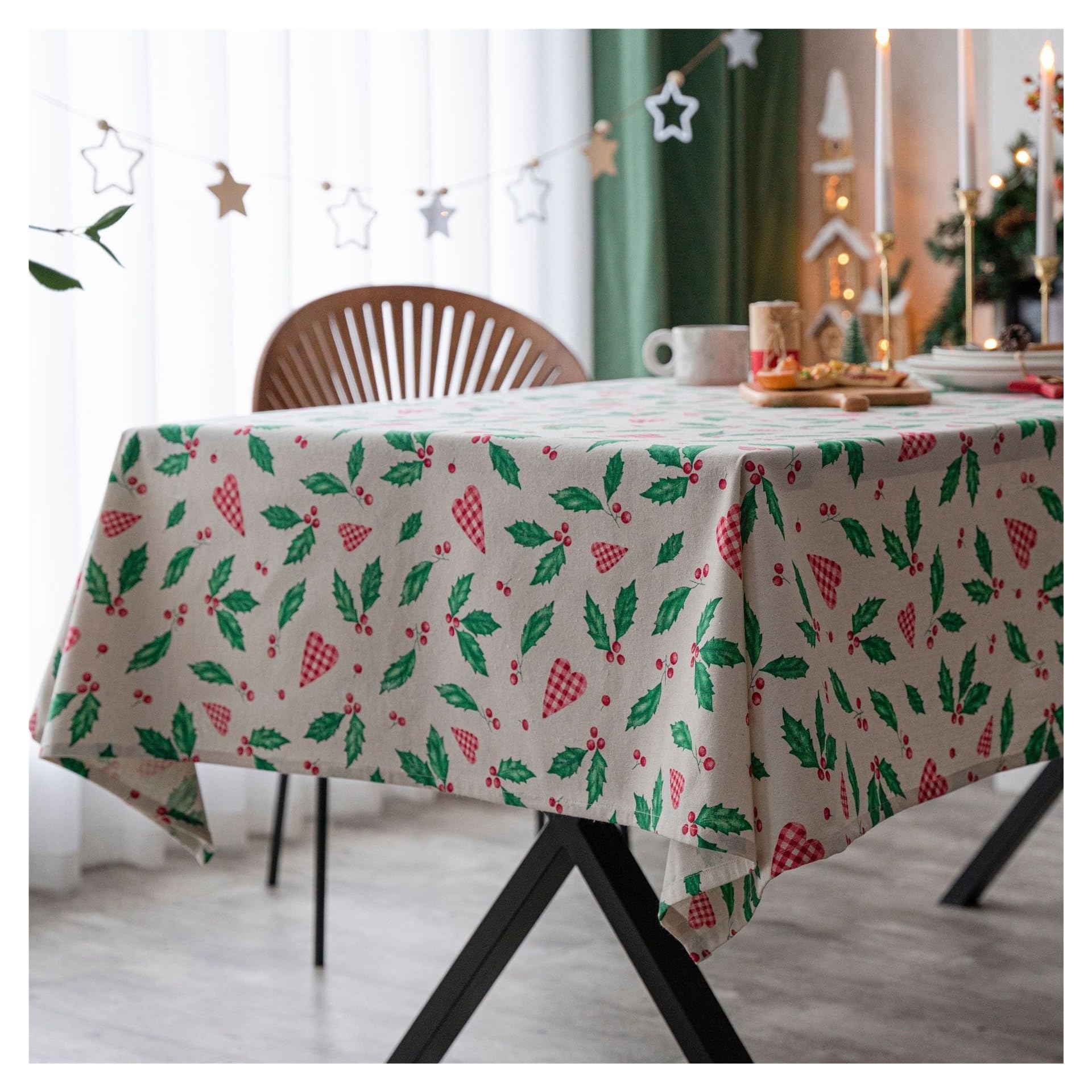 Heart-shaped Christmas Leaf Print Tablecloth Rectangular Fabric(90*90cm)