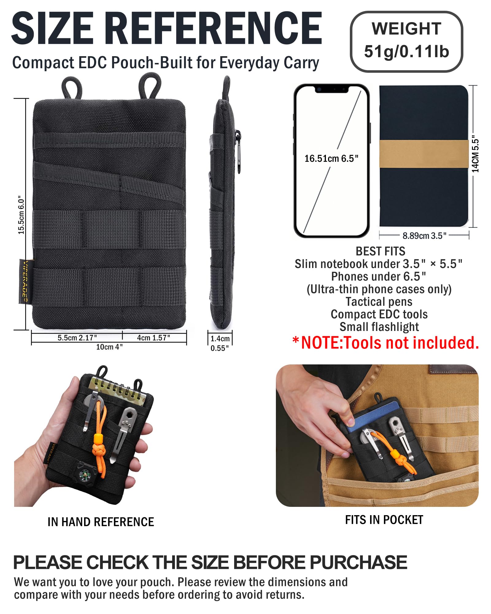 VIPERADE VE3 Tool Pouch Pocket Organizer, Multifonction Durable Nylon Tool Loop Pouch avec 4 Rangement EDC Pochette de Uutils pour Lampe de Poche, Téléphone Portable