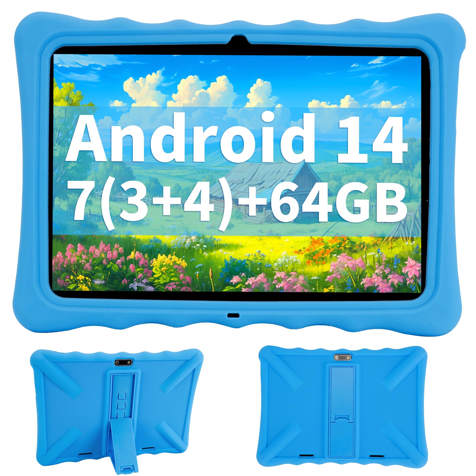 Veidoo Tablet per bambini, schermo IPS da 10,1 pollici, 7 GB (3 + 4) RAM 64 GB ROM, 512 GB espandibile, doppia fotocamera, WiFi 6, tablet Octa-Core Parental Control con custodia protettiva in silicone
