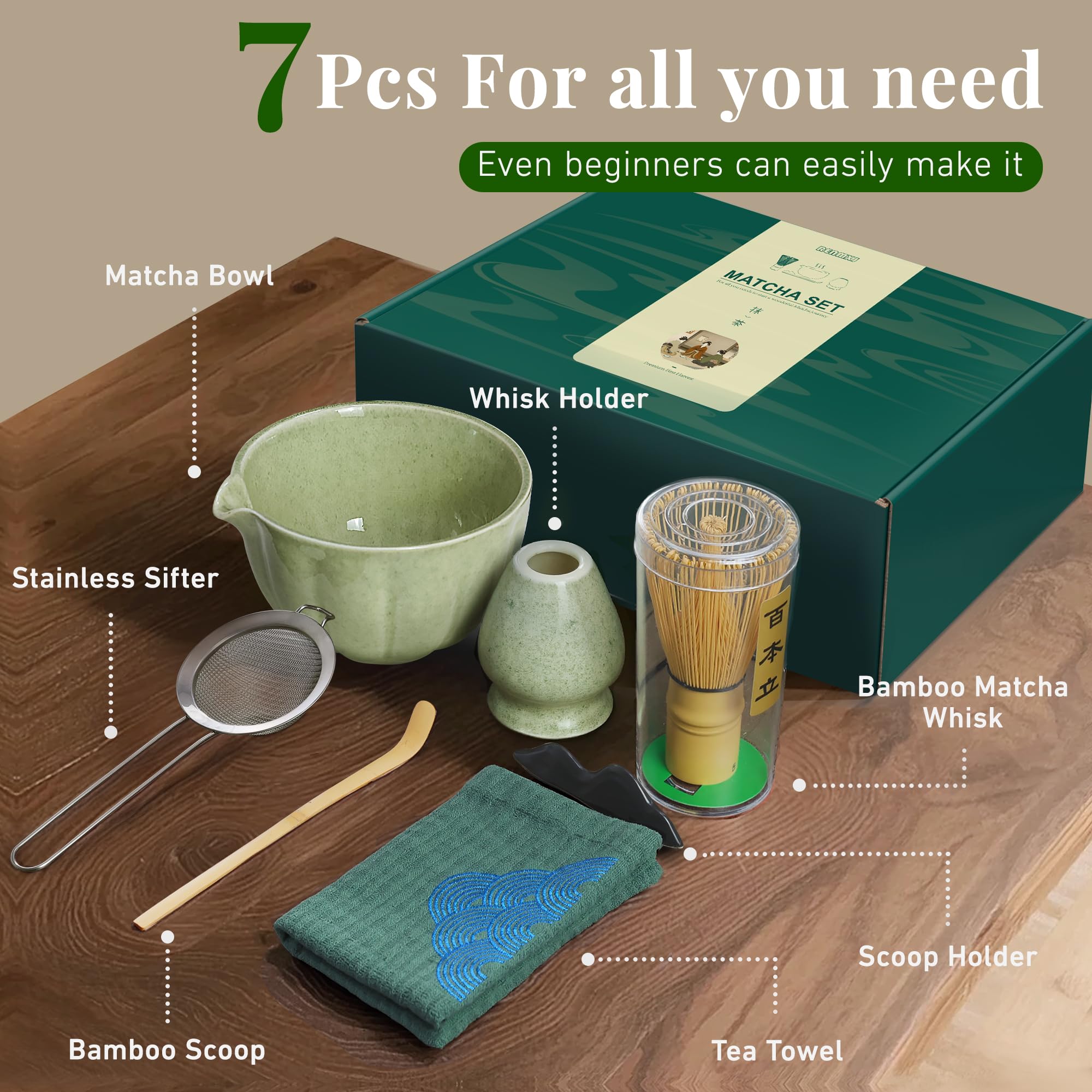 7-Piece Matcha Tea Set | Ceramic Bowl, Bamboo Whisk, Scoop, Sifter & Holder | Perfect Gift For Tea Lovers