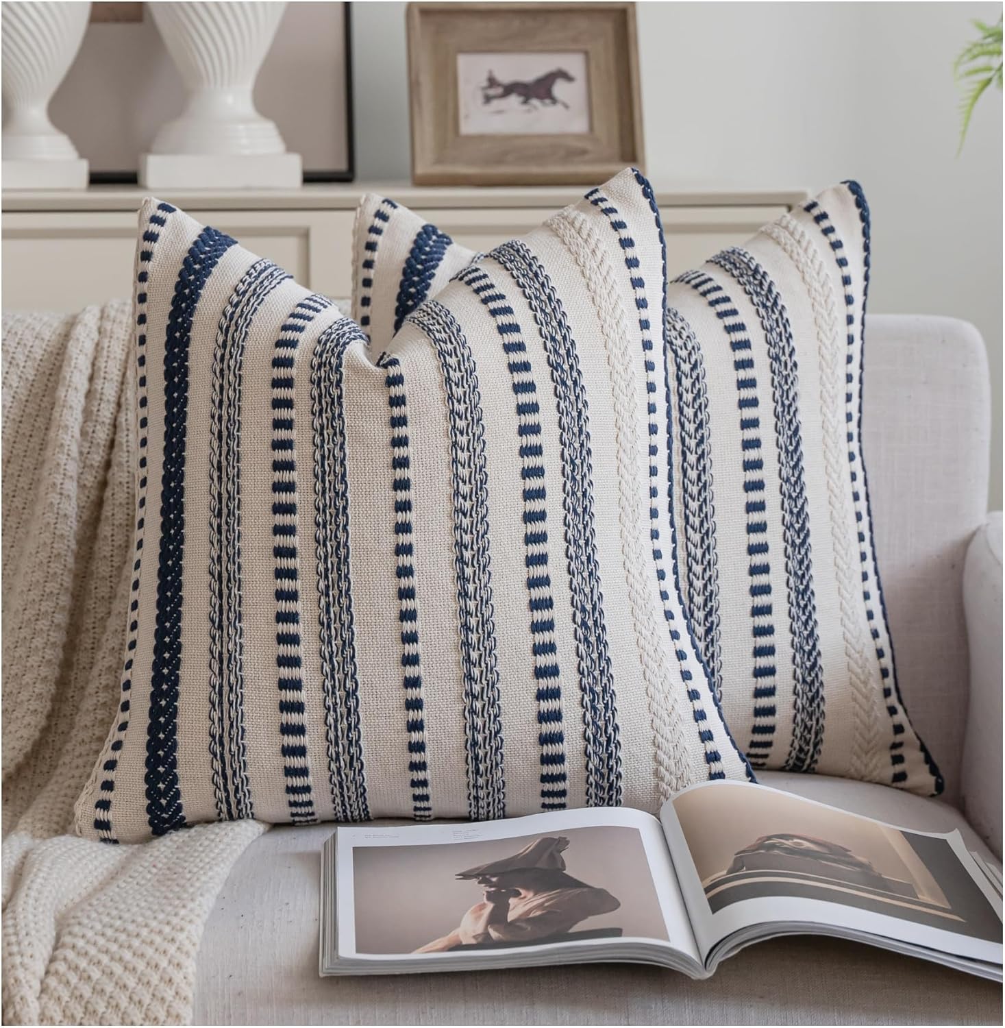 Cethom Navy Blue Boho Throw Pillow Covers 20x20 Inch Set of 2, Stripe Textured Decorative Couch Pillow Cases for Bed, Sofa, Living Room, Bedroom, Farmhouse Home Accent Cushion Covers