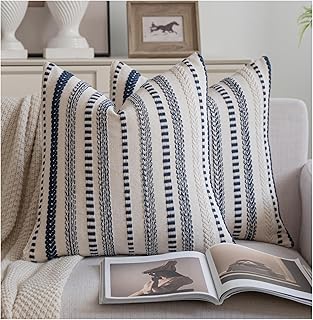 Navy Blue Boho Throw Pillow Covers 20x20 Inch Set of 2, Stripe Textured Decorative Couch Pillow Cases for Bed, Sofa, Living Room, Bedroom, Farmhouse Home Accent Cushion Covers