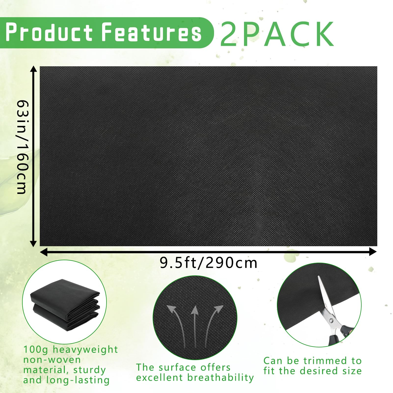 Lot de 2 doublures en tissu non tissé pour jardinière 2,9 m x 1,6 m noir évacuation d'eau rétention du sol