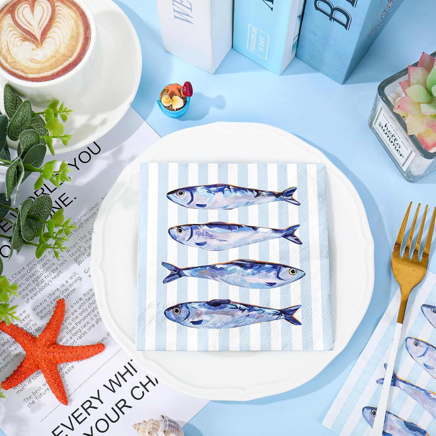 FYSUIMU 50Pcs Sardine Cocktail Napkins Blue Striped Fish Disposable Paper Napkin Summer Ocean Theme Dinner Dessert Napkin for Birthday Beverage Cup Party Table Decor image 4