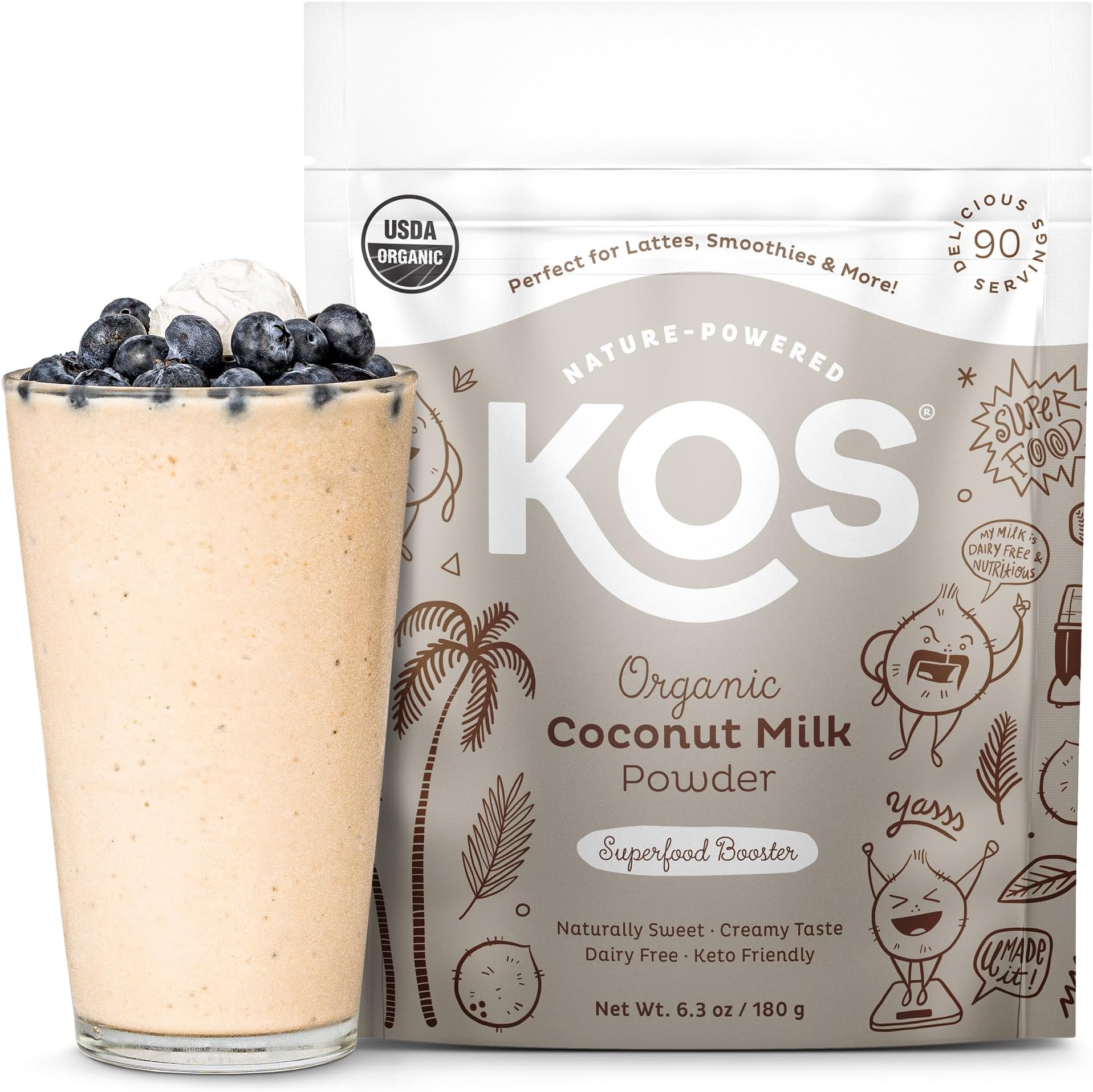 KOS Organic Coconut Milk Powder, USDA Certified - Sugar Free & Plant Based Creamer for Coffee, Tea, Smoothies - Vegan, Keto, Paleo Friendly, Non GMO, Gluten & Dairy Free - 90 Servings Resealable Bag