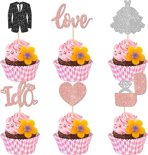Rsstarxi Paquete de 24 adornos para cupcakes de boda con purpurina para novio y novia, anillo de diamantes con diseño de amor I Do para despedidas