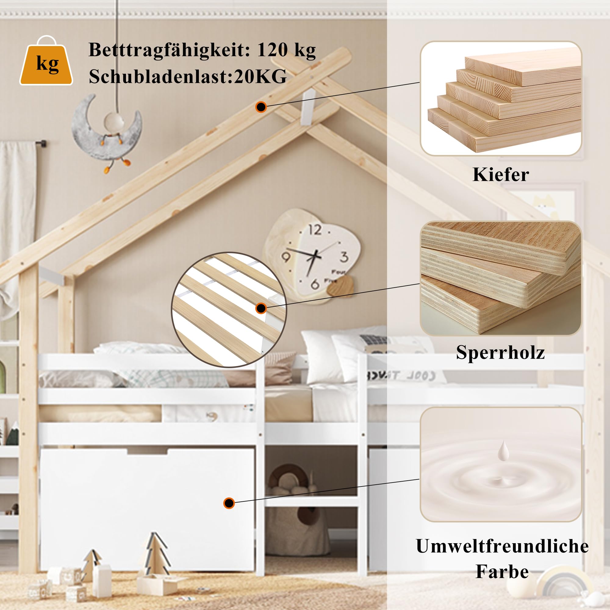 Merax Kinderbett 90x200cm, Hausbett mit 2 Schubladen & Kleine Leiter, Holzbett mit Rausfallschutz, Dach & Lattenrost, Stabiles Bettenhaus mit Vierseitiger Zaun, Halbhohes Bett für Mädchen/Jungen, Weiß