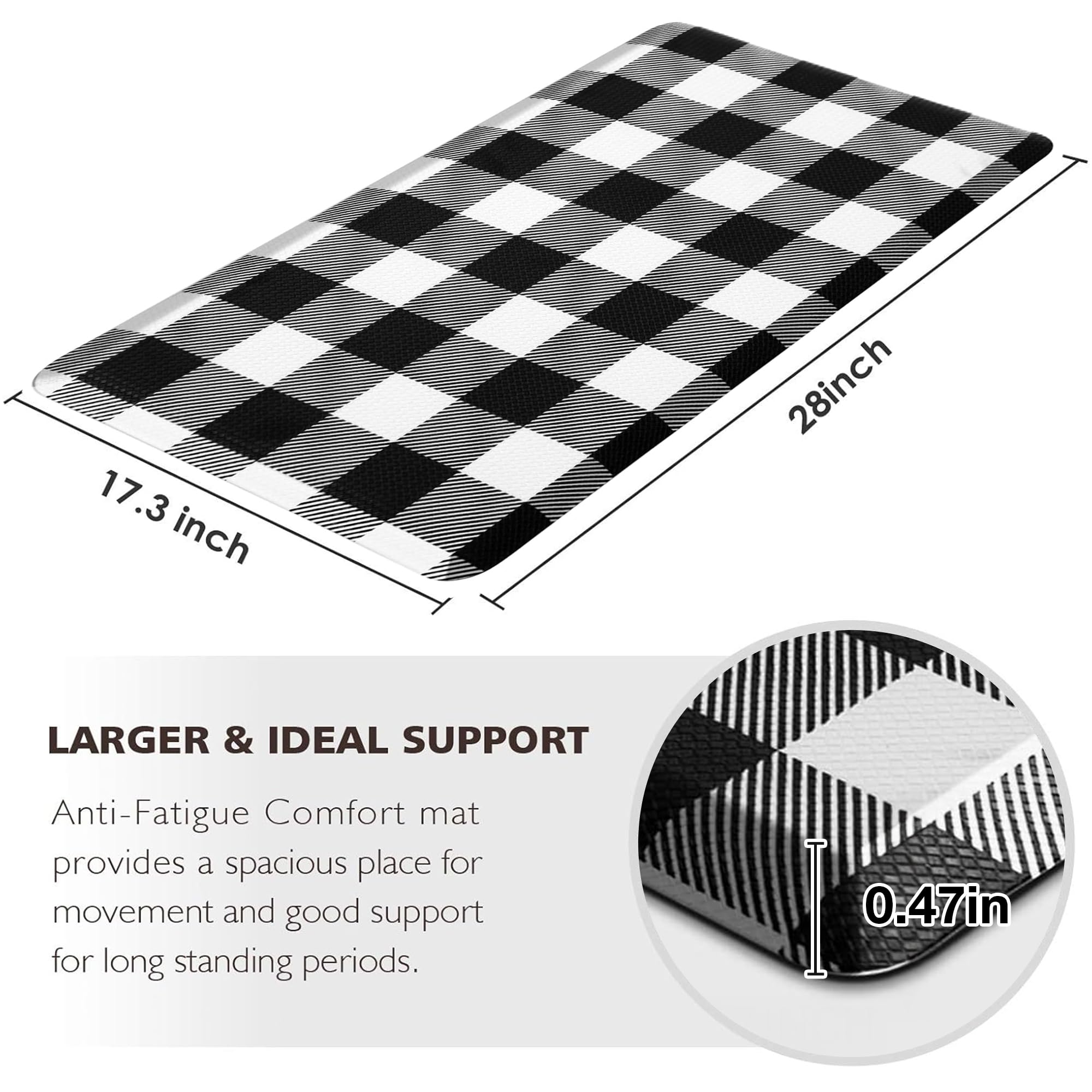 MAYHMYO Tapete de cocina antifatiga, acolchado, a cuadros en blanco y negro, tapete de cocina antideslizante e impermeable, ergonómico, cómodo, tapete de escritorio para suelo, hogar, oficina,