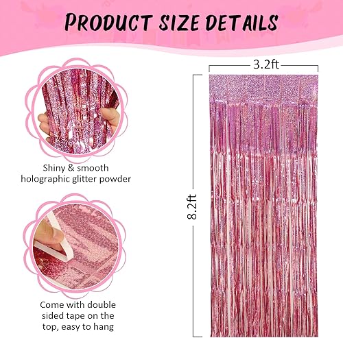 Miniatura 6 de Accevo Paquete de 3 cortinas de flecos de papel de aluminio con purpurina de 3.2 x 8.2 pies, decoración de fiesta rosa, serpentinas de oropel