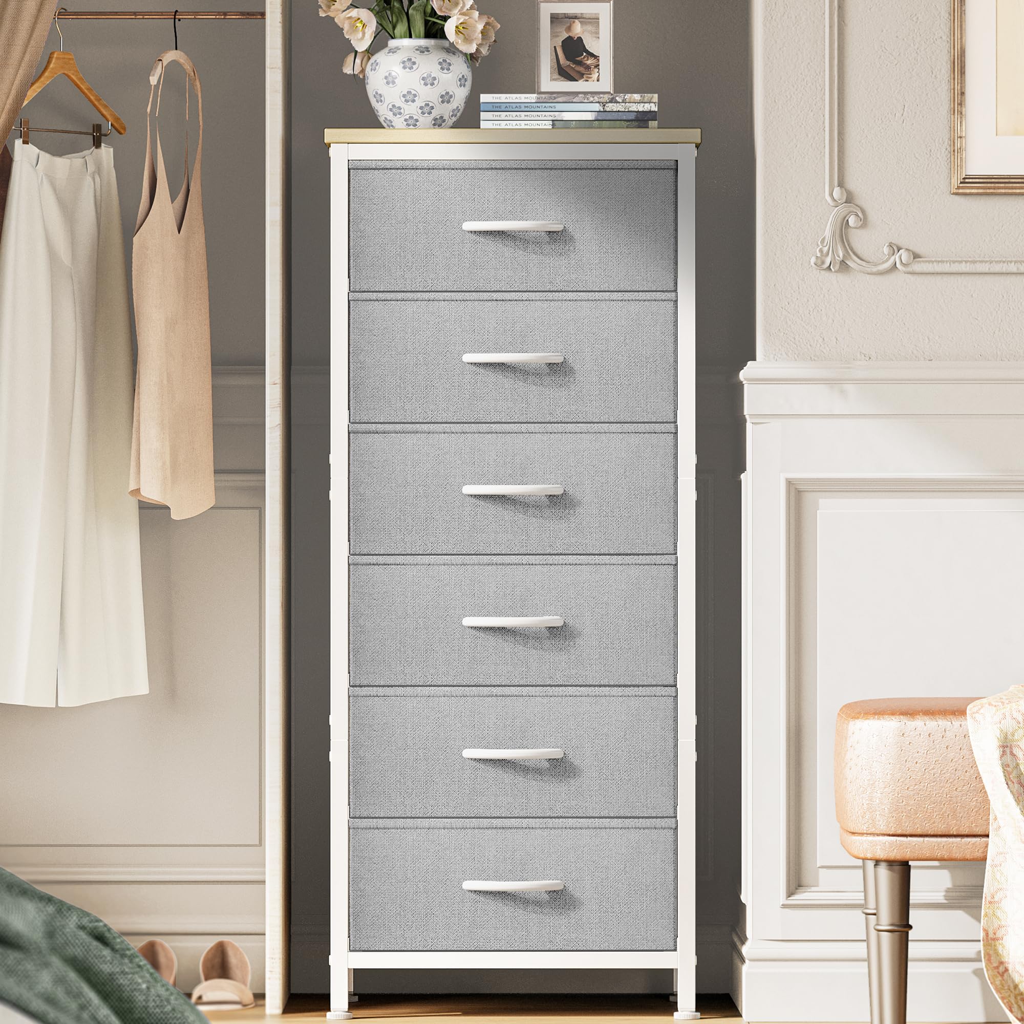 grey tall dresser Huuger for Bedroom, Stable 6 Drawer Dresser with Anti-Tip Device, PU Leather & Fabric Drawers, Tall Nightstand for Closet, Nursery, Storage Tower for College Dorm High Beds, Keep your clothes and Size:Extra Large Extra Tall Royal Blue Short Satin LowStock:43316096106547